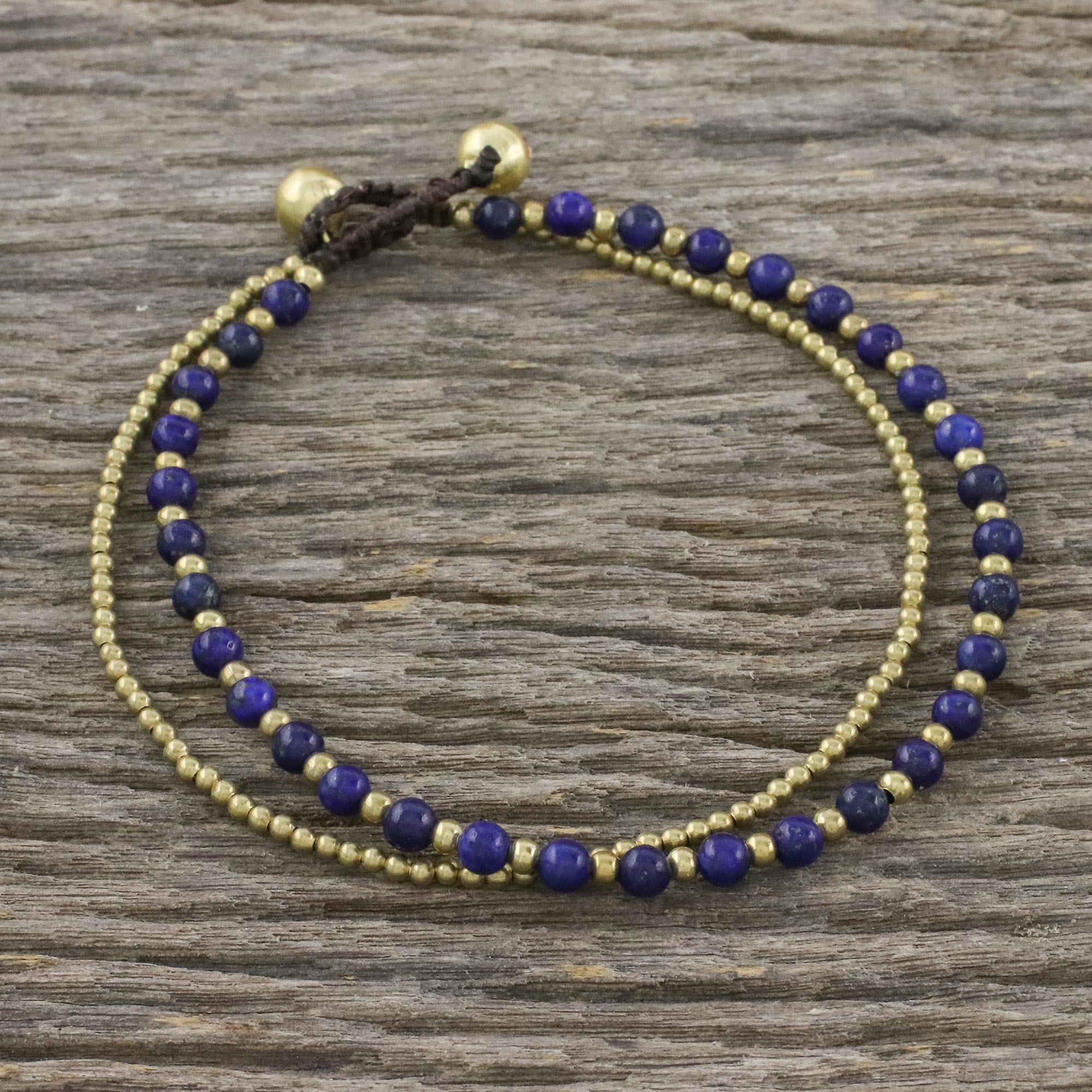 Premium Lapis Lazuli & Brass Adjustable Anklet with Bells - Handcrafted in Thailand