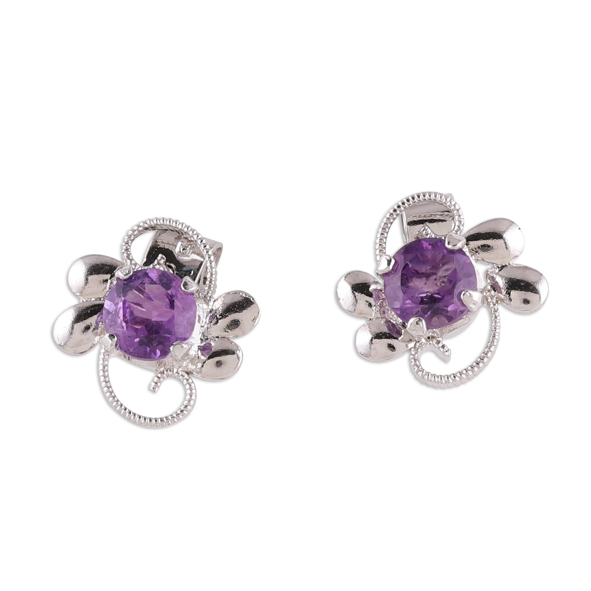 Premium Glittering Purple Amethyst Stud Earrings – Handcrafted Rhodium-Plated Sterling Silver