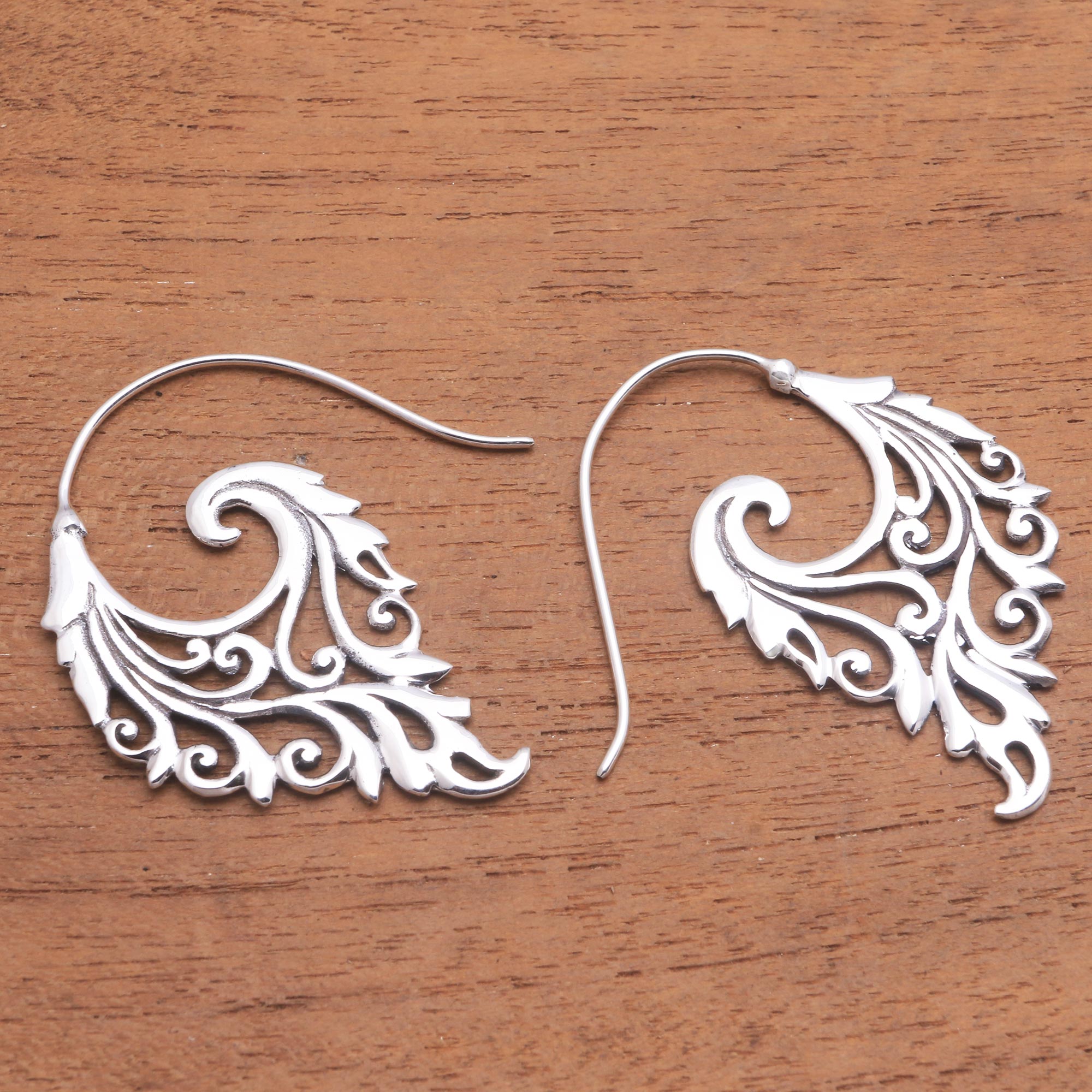 Premium Bali Sterling Silver Half-Hoop Earrings with Vine Motif