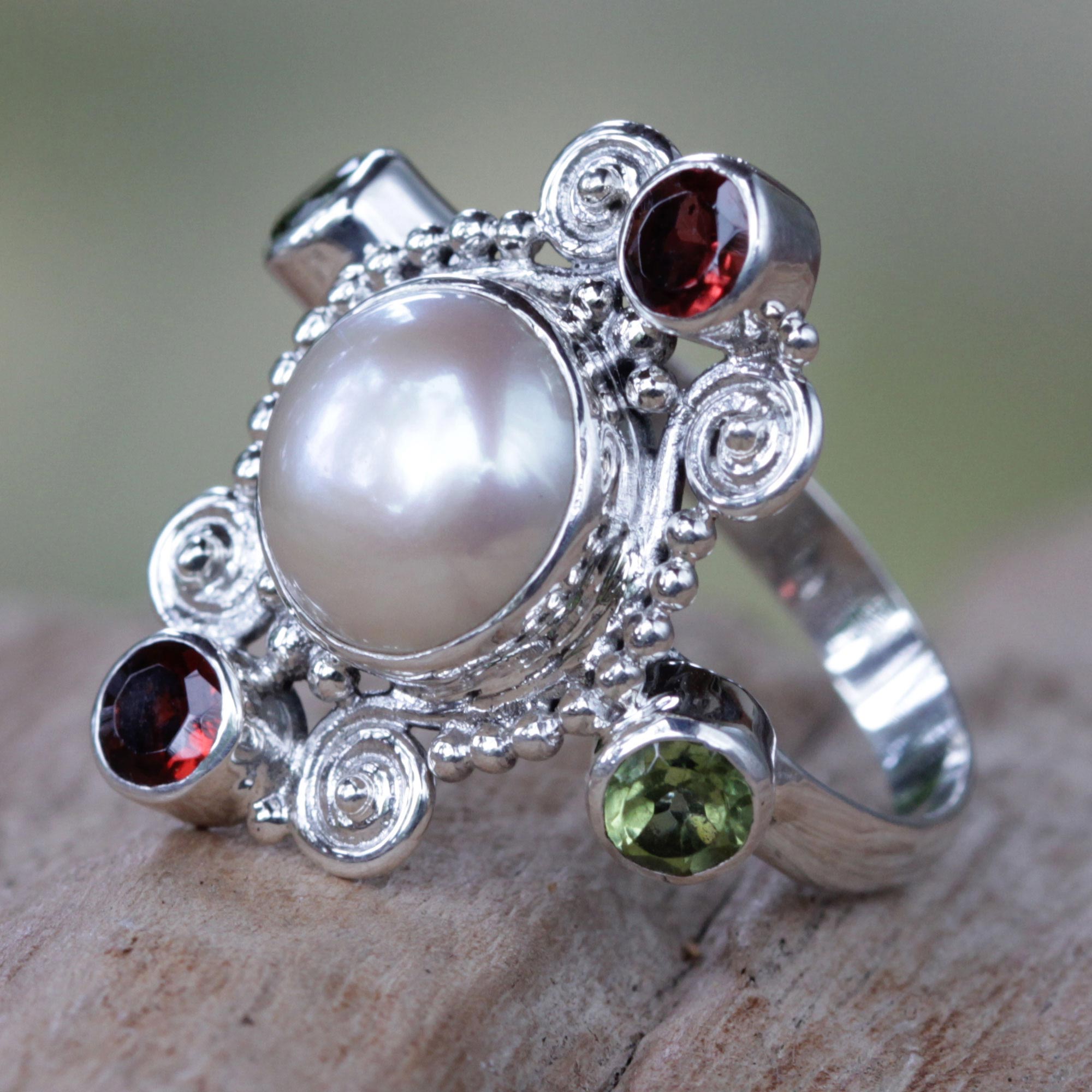 Premium Moon and Stars Artisan Ring - Cultured Pearl, Garnet & Peridot