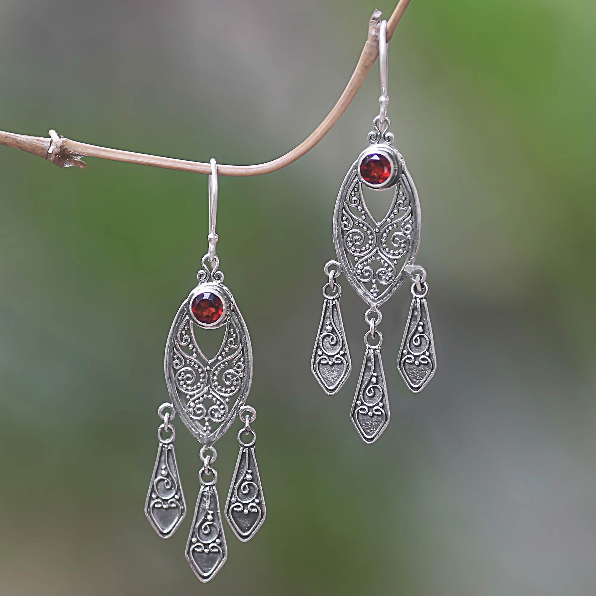 Premium Balinese Wind Chime Earrings - Handcrafted Garnet Sterling Silver Jewelry