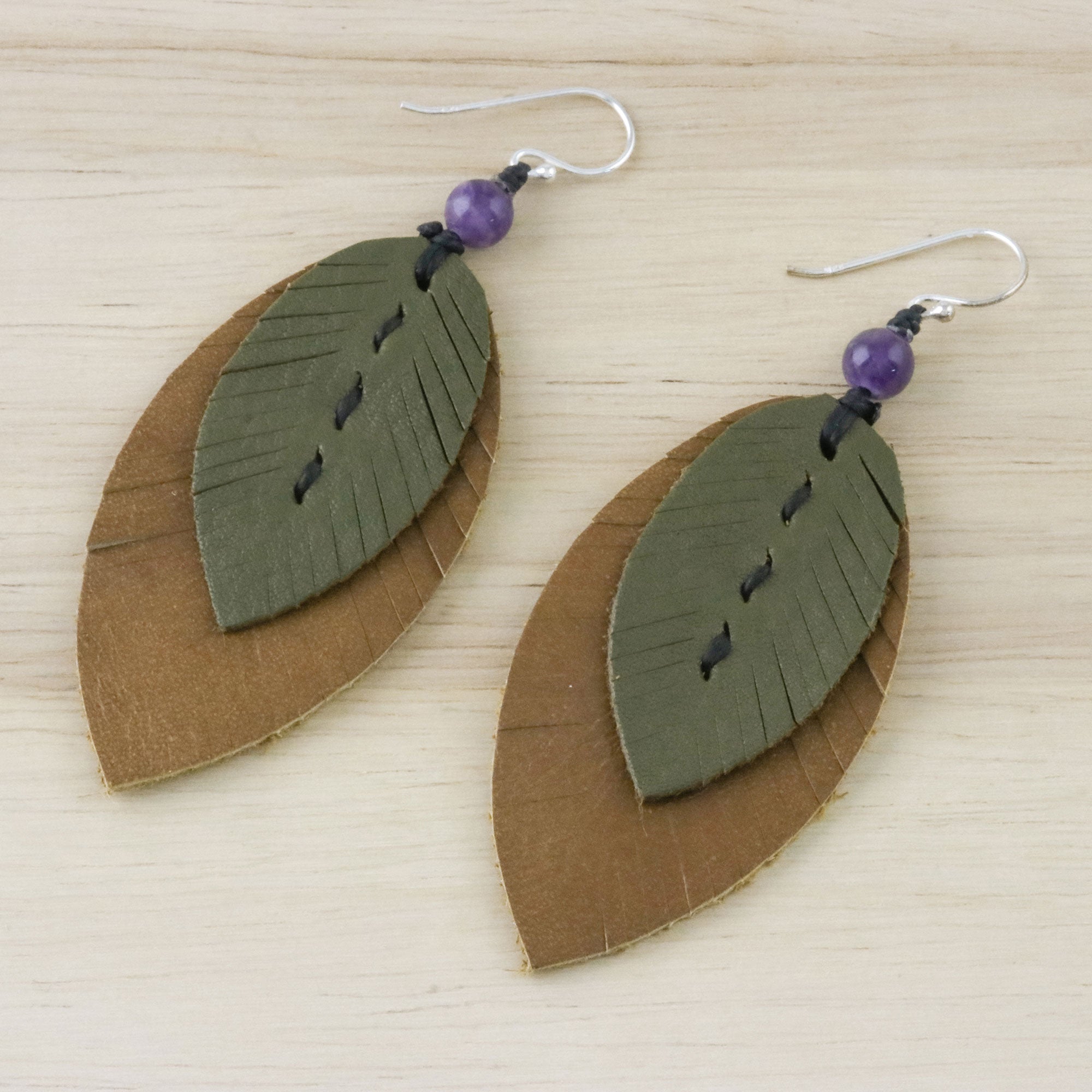 Premium Amethyst & Leather Leaf Dangle Earrings - Handcrafted in Thailand