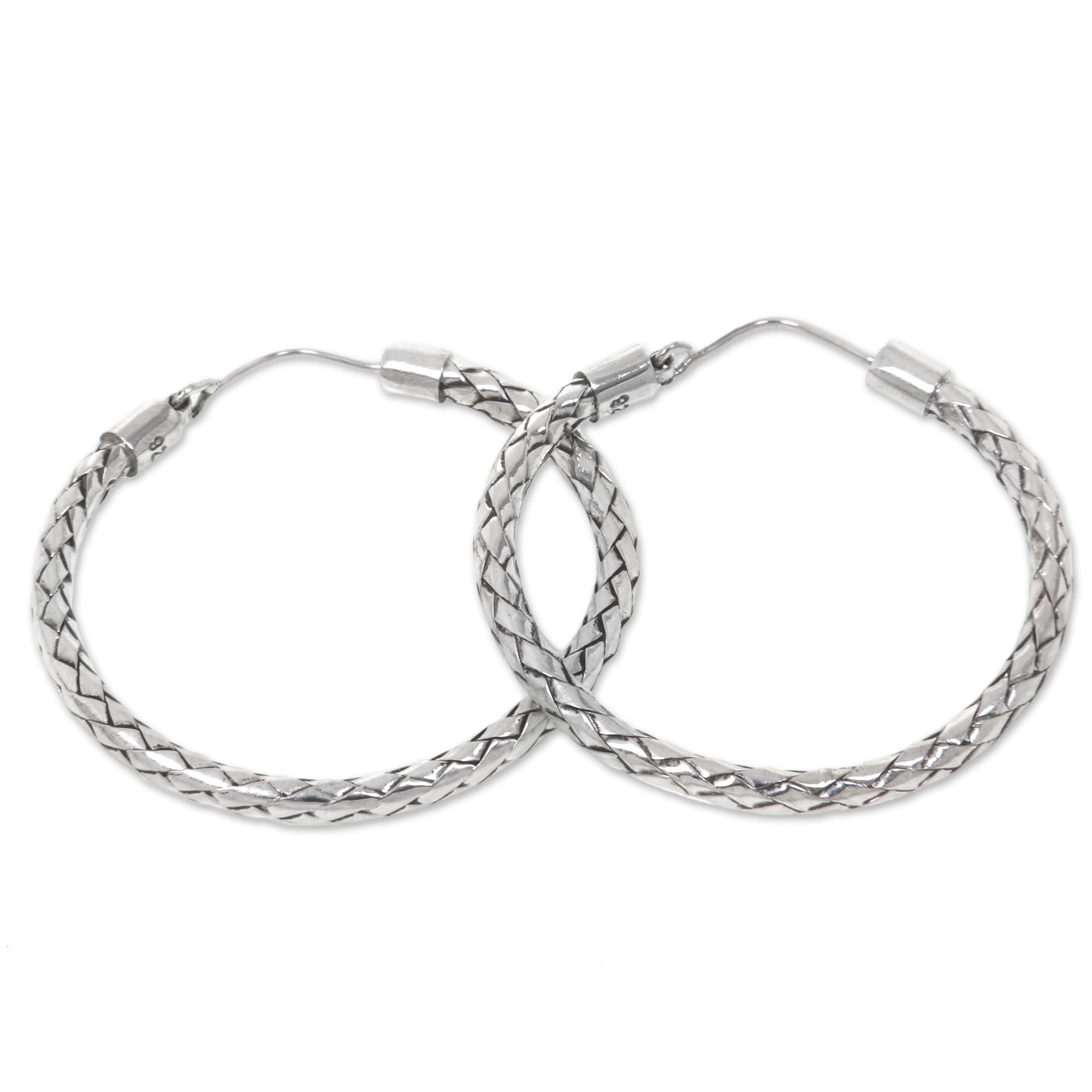 Premium Pandan Weave Hoop Earrings - Handcrafted Sterling Silver Elegance