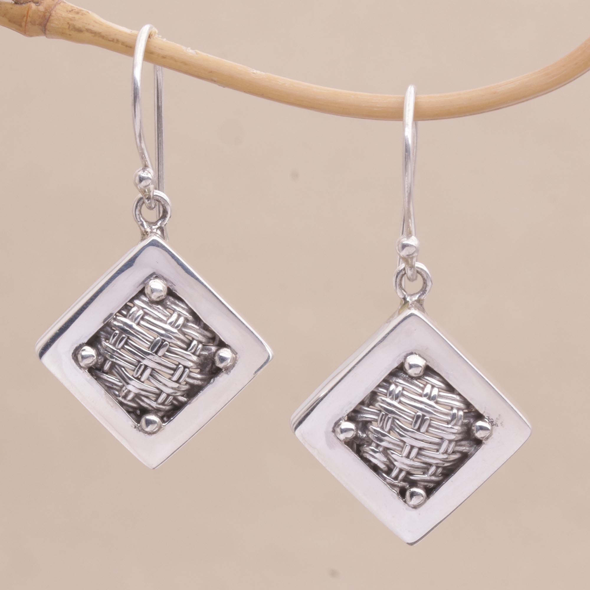 Premium Handwoven Ketupats Sterling Silver Diamond Dangle Earrings