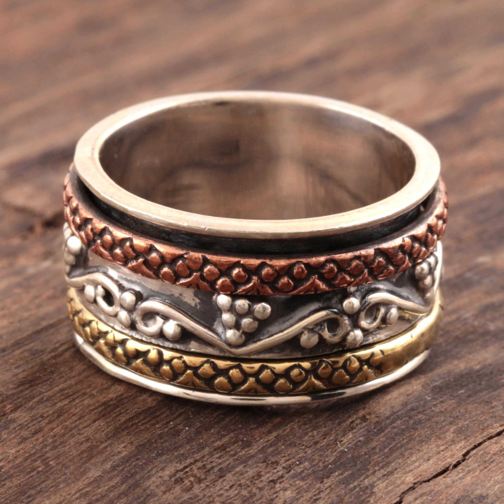 Premium Sterling Silver Spinner Ring with Brass & Copper Accents | Shivani Choudhary Design