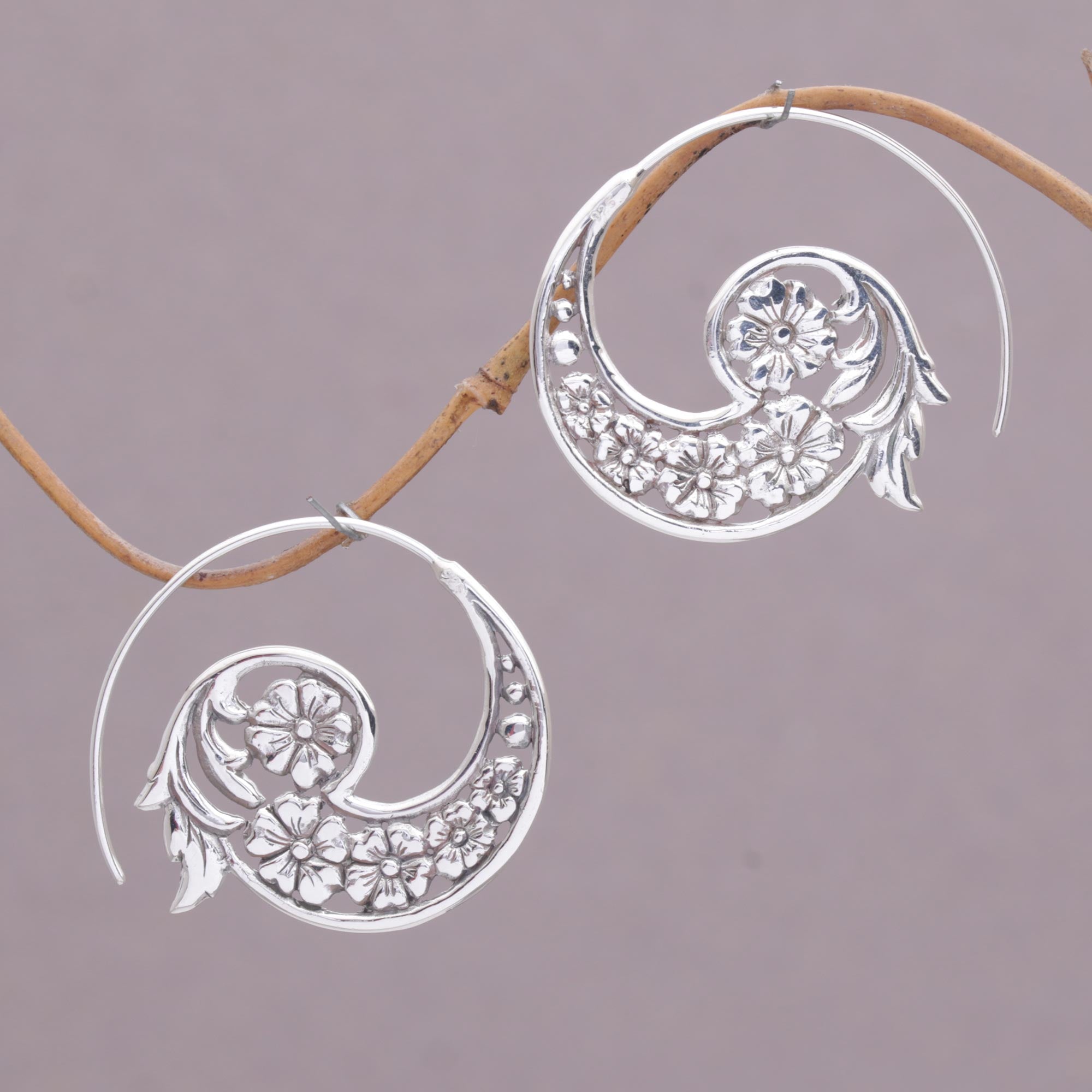 Premium Silver Floral Spiral Earrings - Handmade in Bali