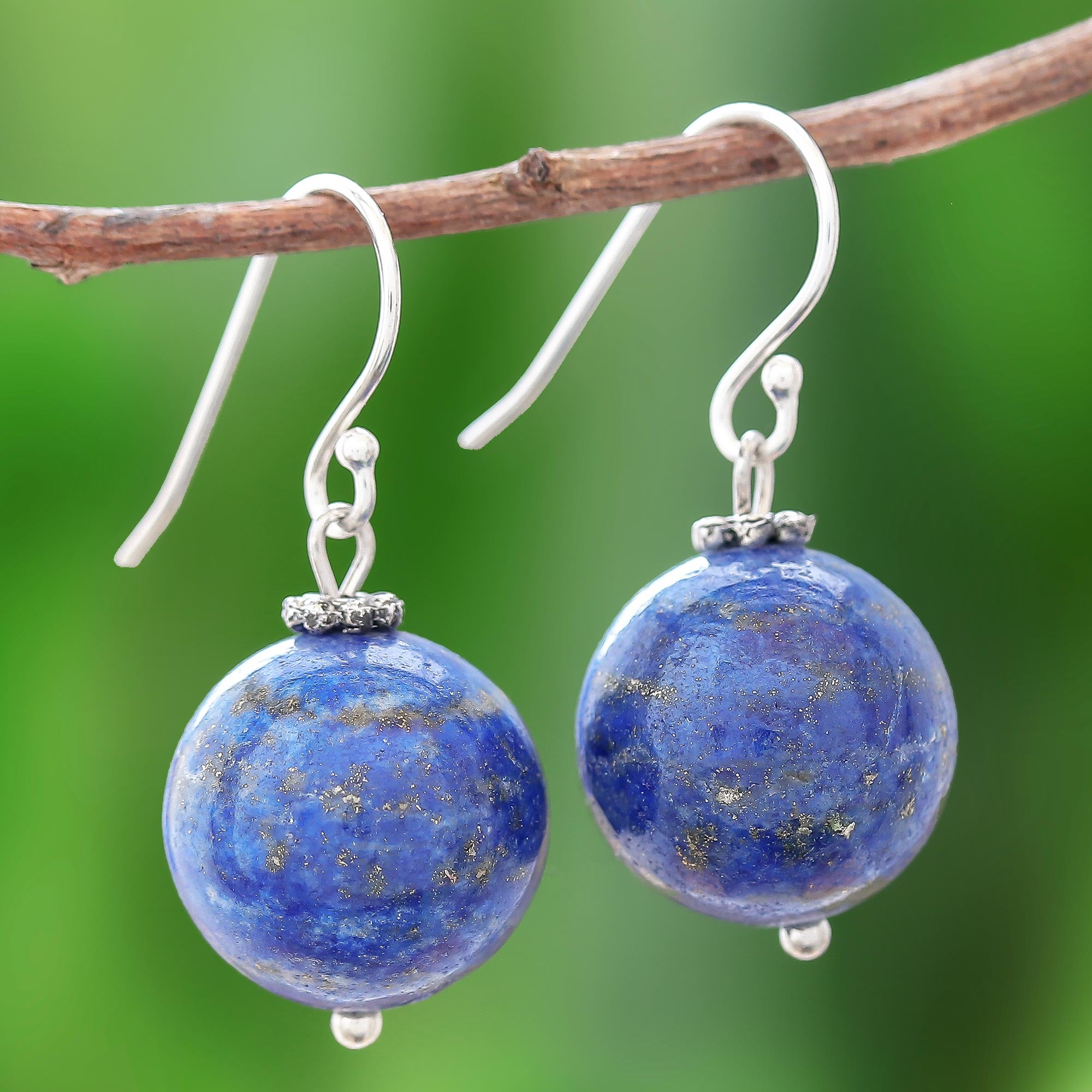 Premium Round Lapis Lazuli Dangle Earrings - Handcrafted in Thailand