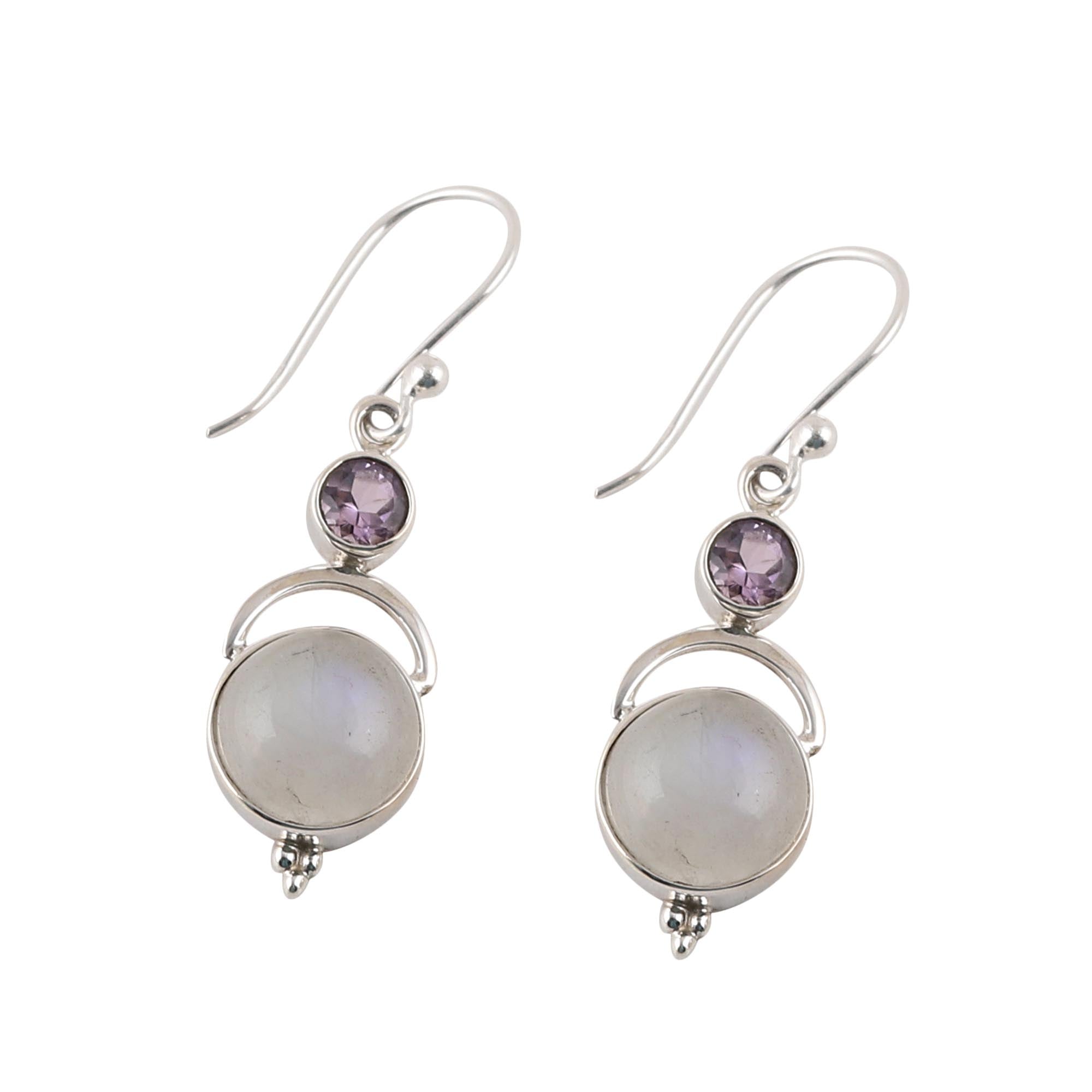 Premium Alluring Serenity Sterling Silver Rainbow Moonstone Amethyst Dangle Earrings