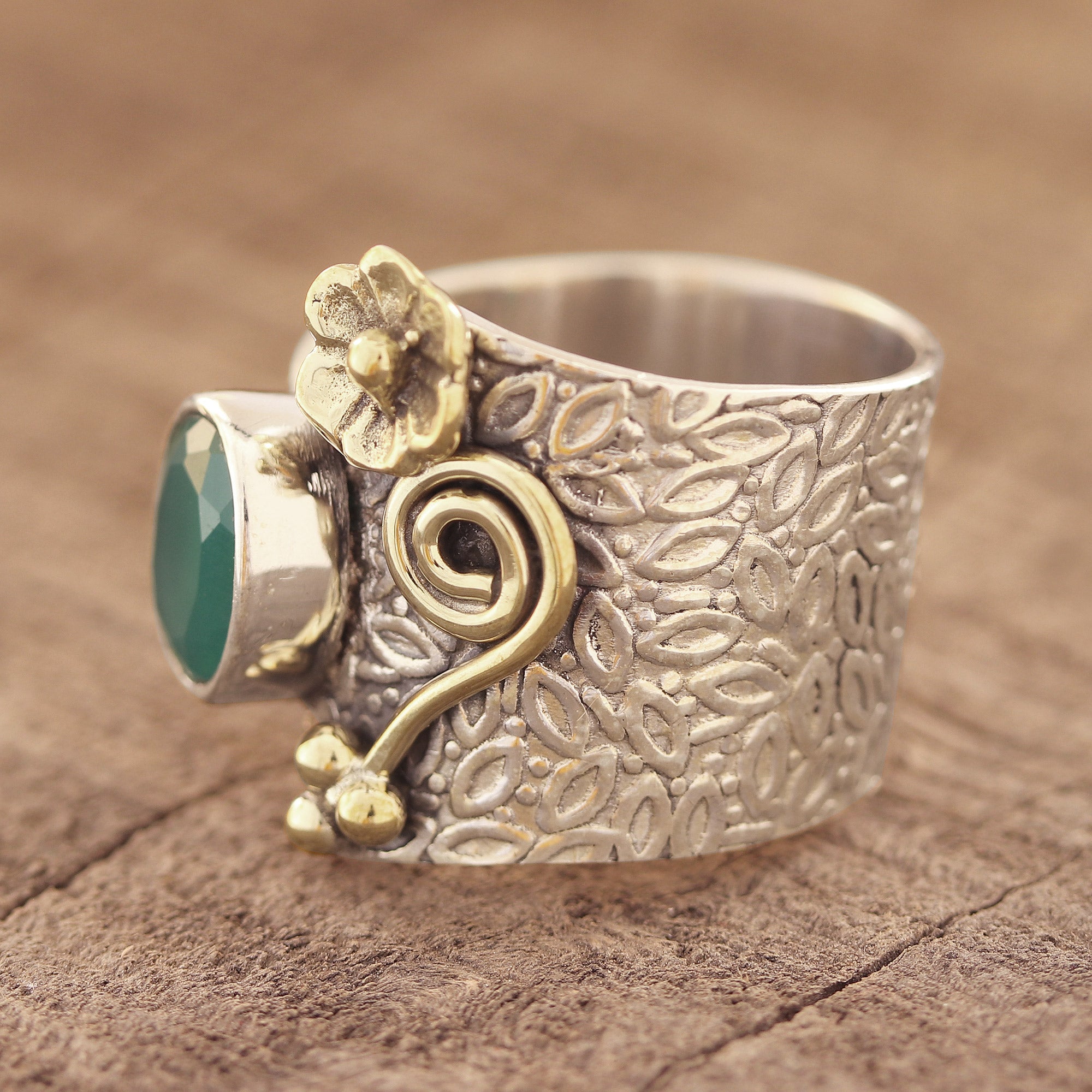 Premium Floral Green Onyx Cocktail Ring - Handcrafted in India