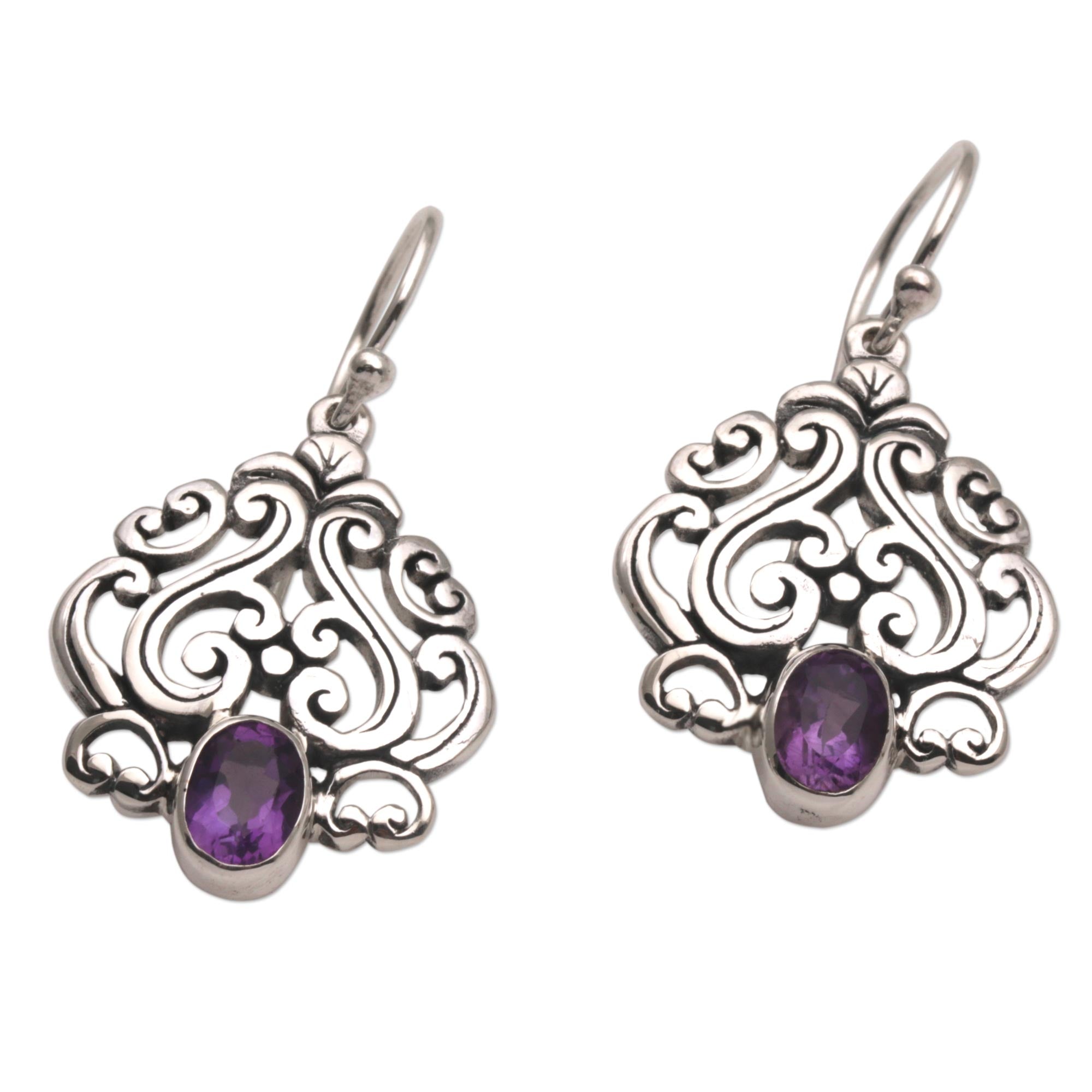 Premium Amethyst Dangle Earrings in Sterling Silver - Handcrafted in Bali