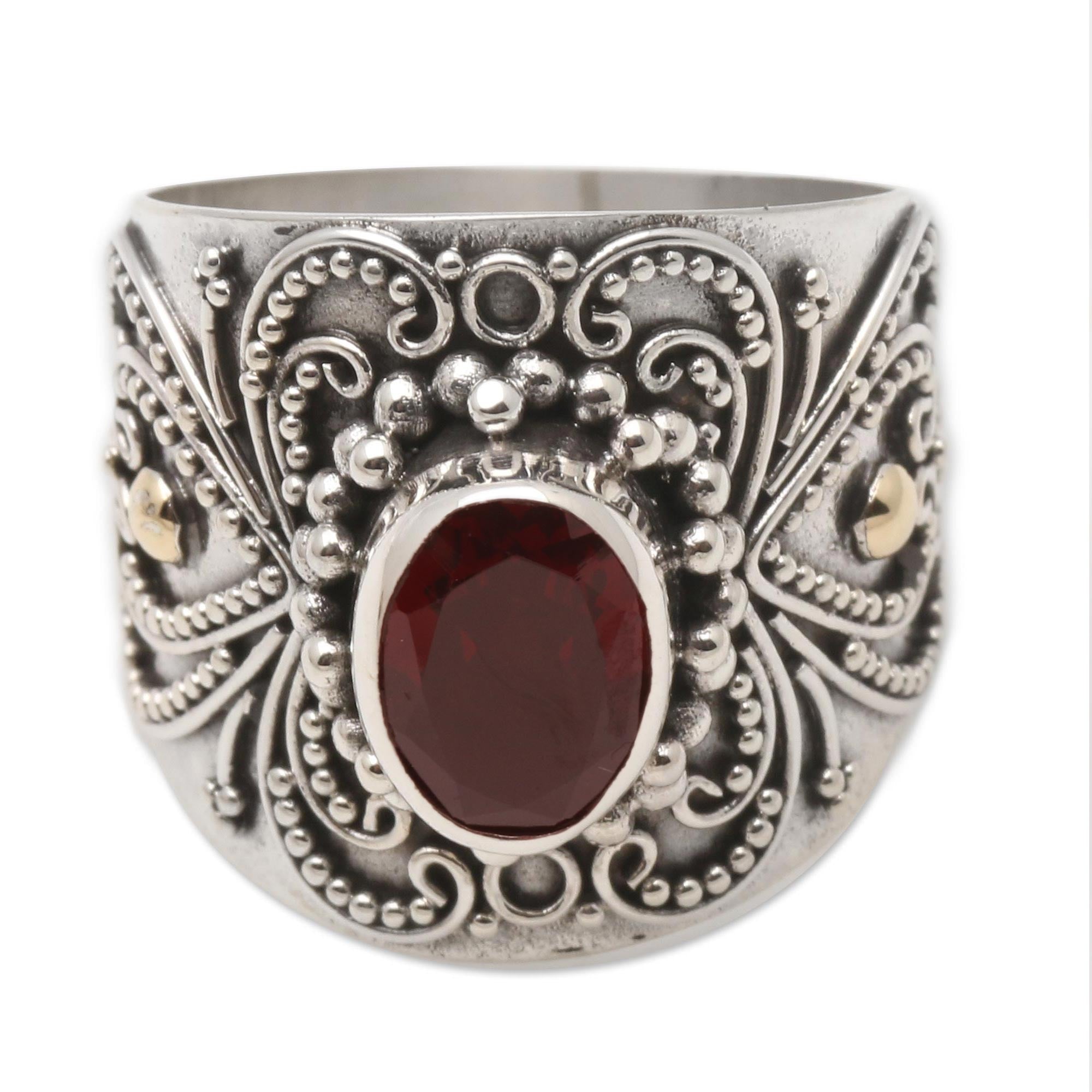 Premium Oval Garnet Ring with Balinese Silver & Gold Accents