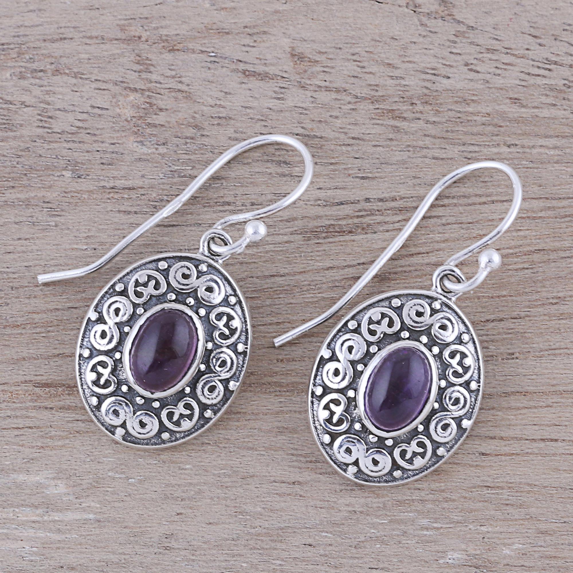 Premium Swirling Ellipse Amethyst Dangle Earrings - Handcrafted in India