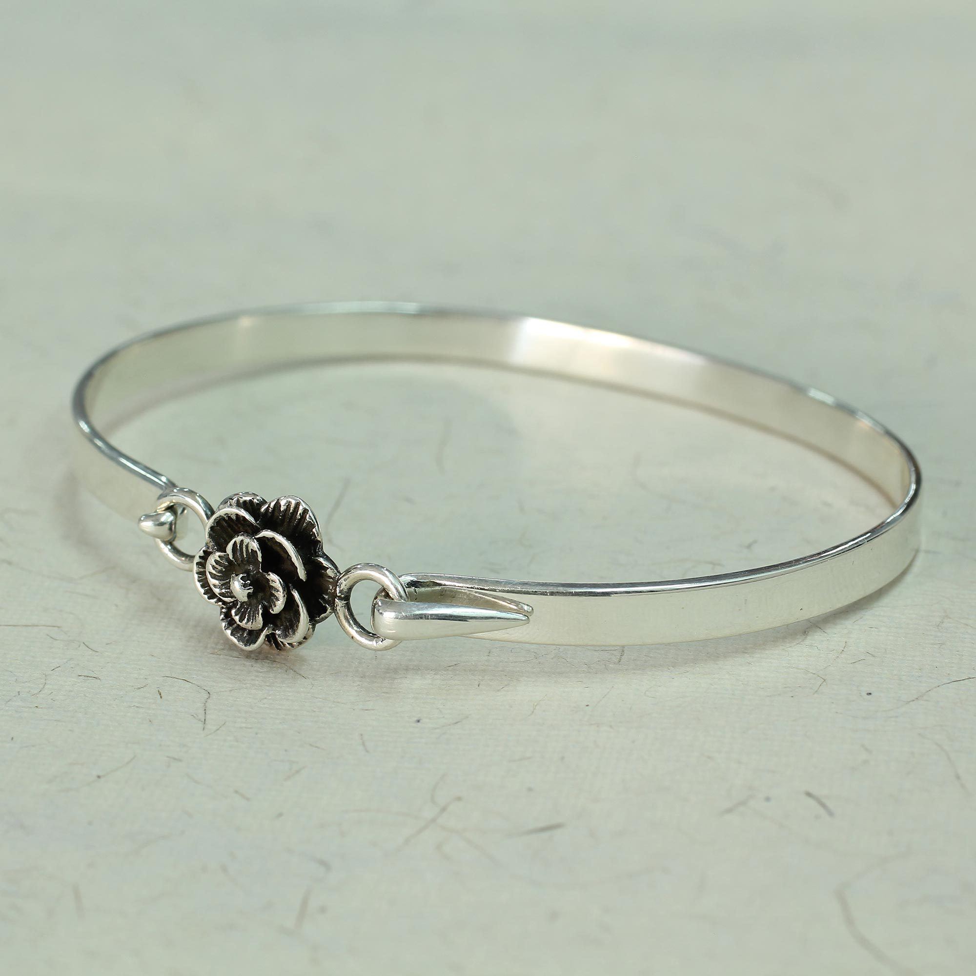 Premium Rose Beauty Sterling Silver Bangle Bracelet - Handcrafted Elegance