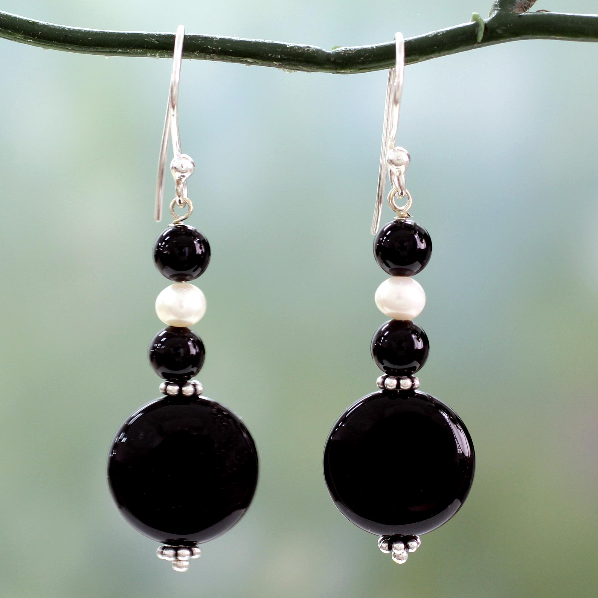 Premium Midnight Kisses Onyx Pearl & Silver Earrings - Handmade Elegance