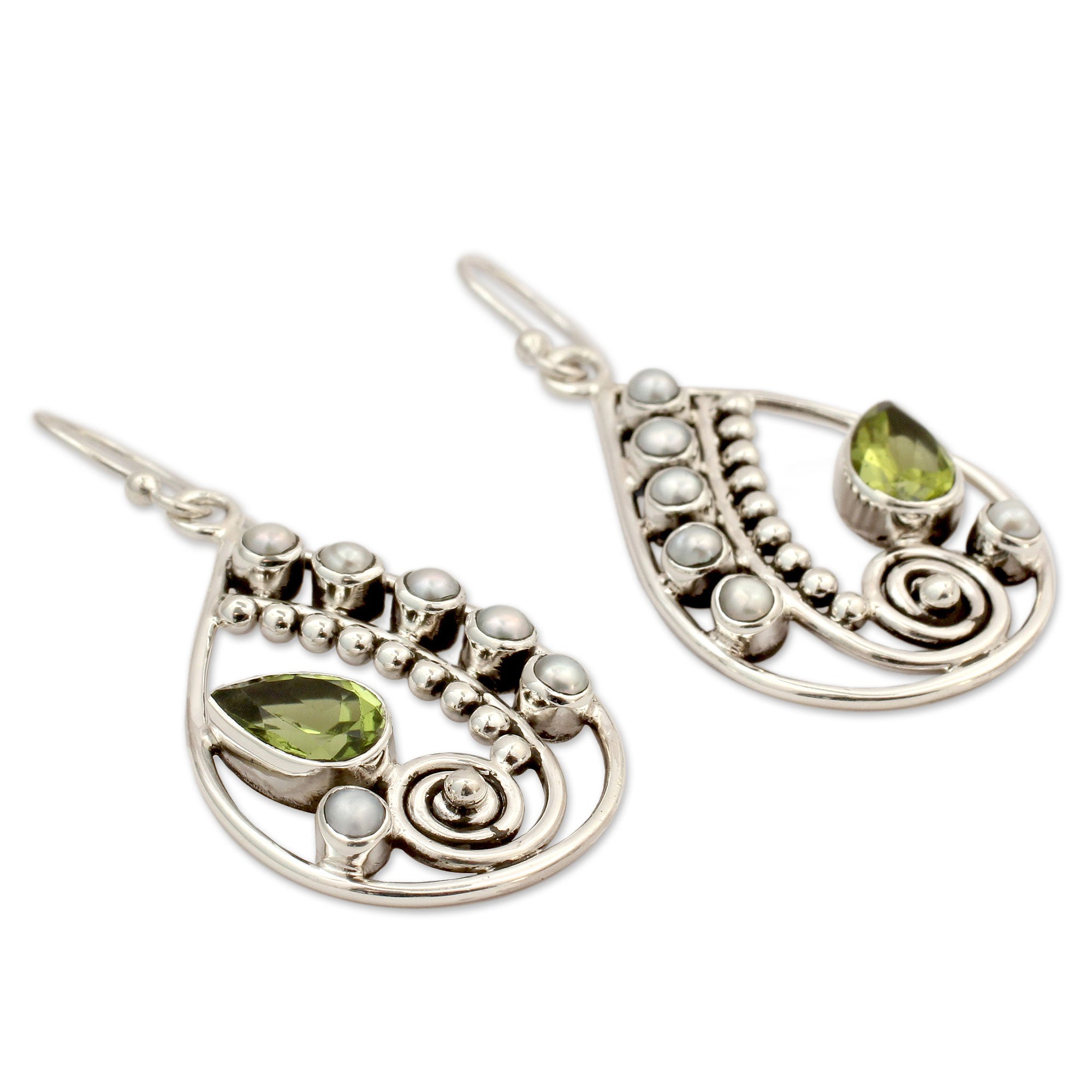 Premium Paisley Pearl & Peridot Earrings - Sterling Silver Jewelry