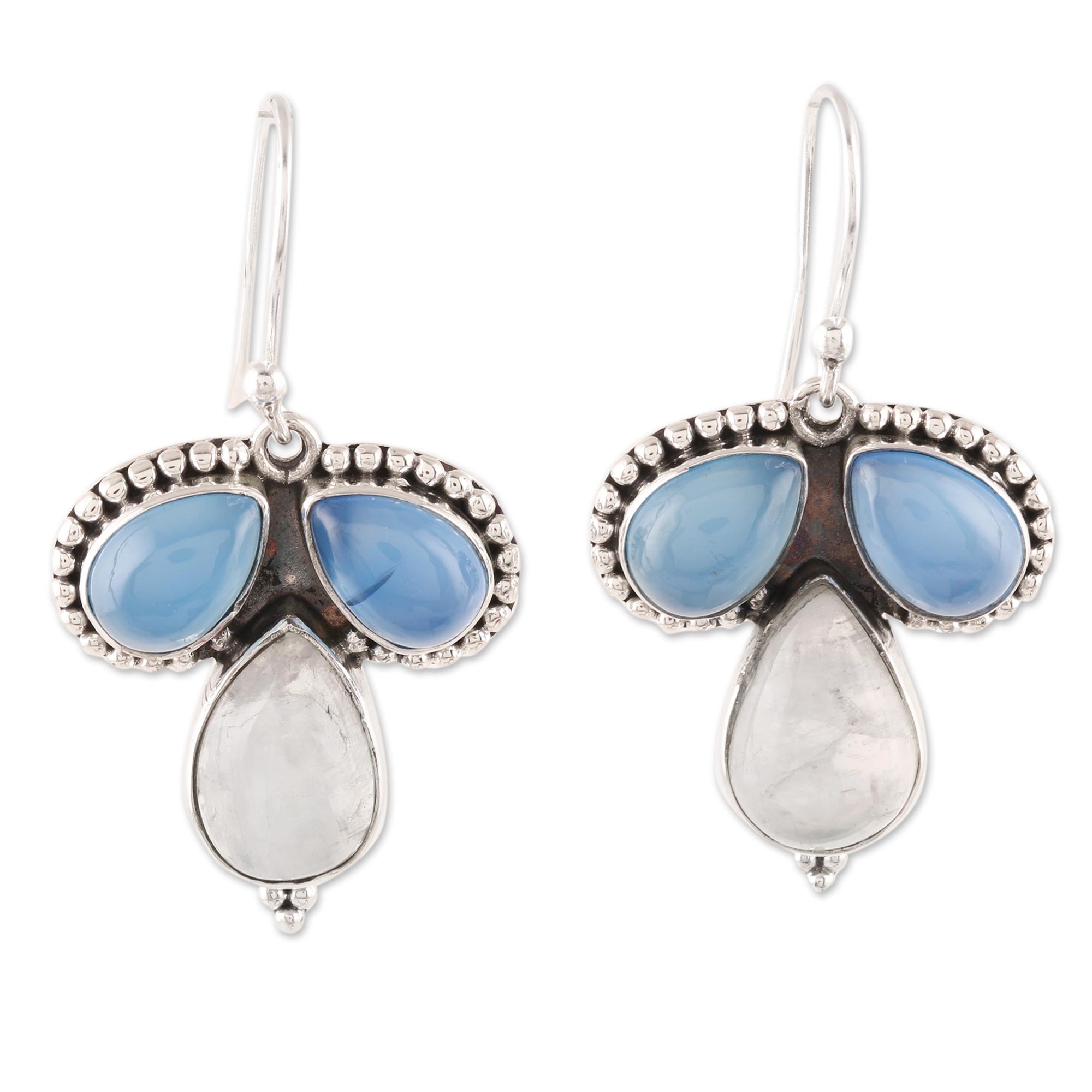 Premium Trio Teardrop Earrings – Blue Chalcedony & Rainbow Moonstone