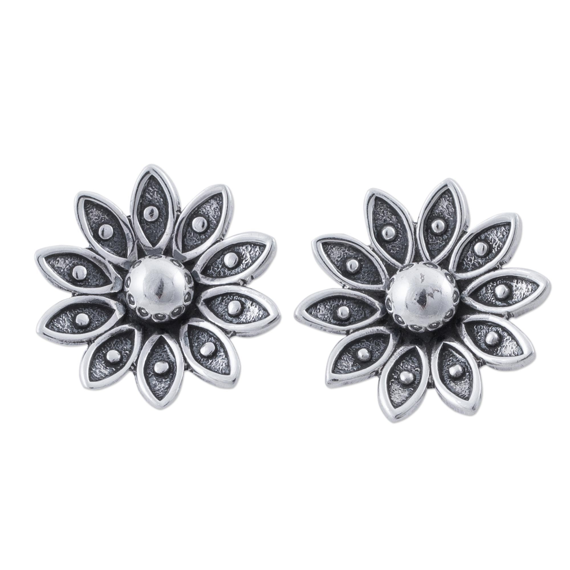 Premium Lotus Sterling Silver Floral Stud Earrings - Handcrafted in Peru