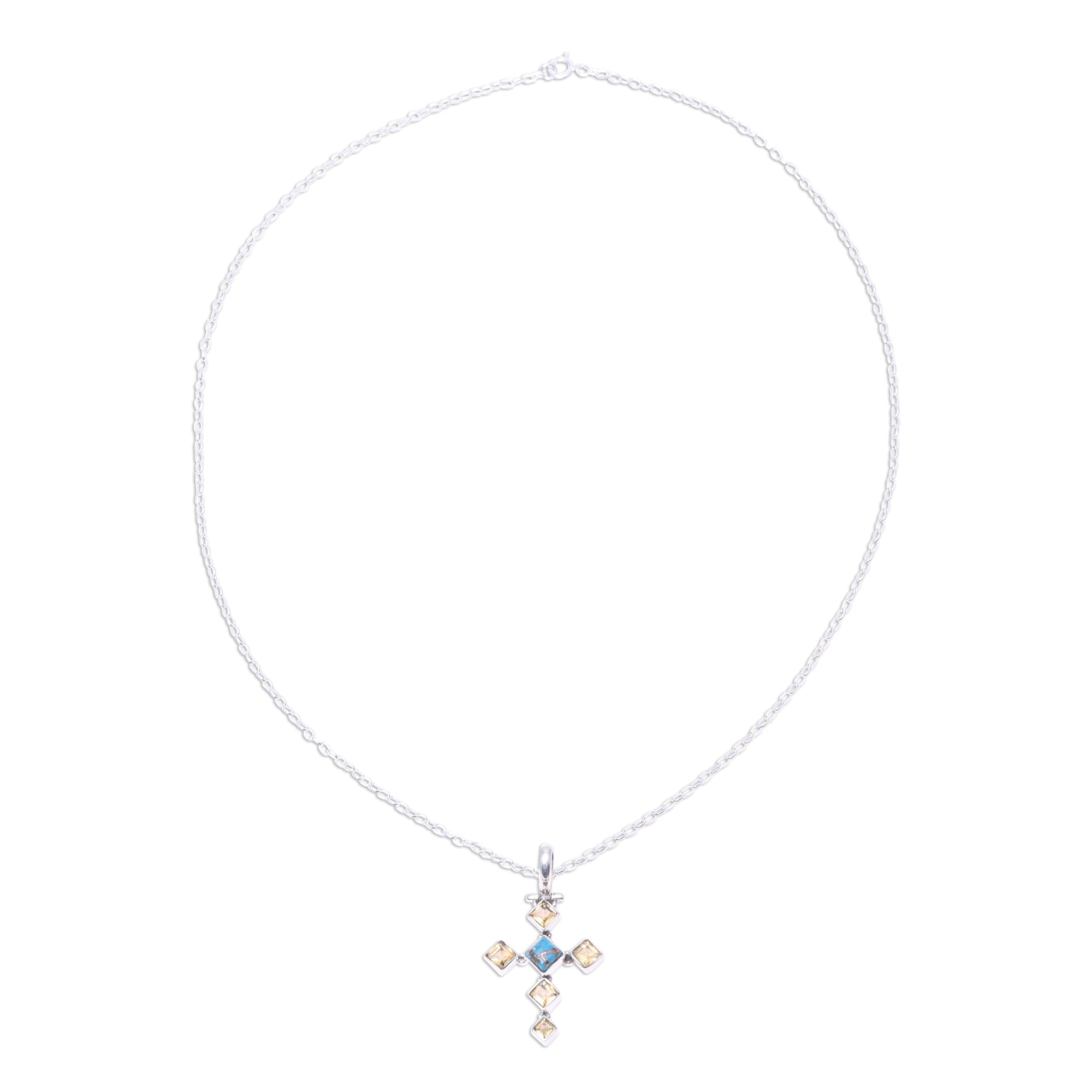 Premium Citrine and Turquoise Cross Pendant Necklace - Handcrafted Elegance