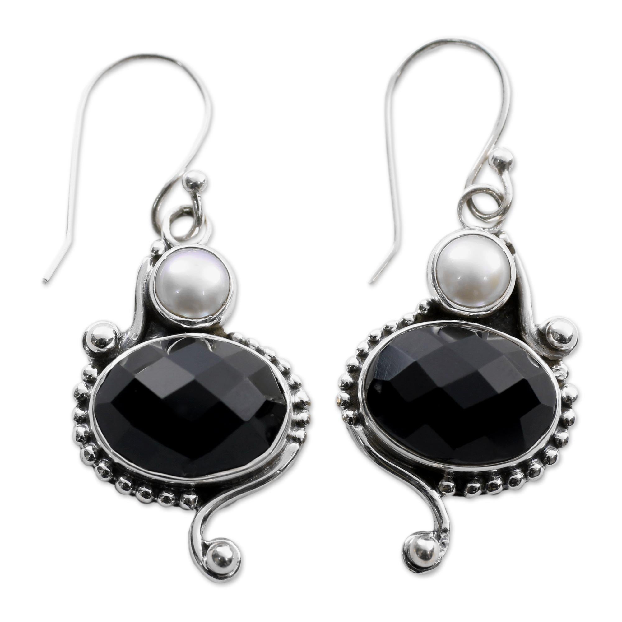 Premium Magical Moons Sterling Silver Earrings - Elegant Onyx & Pearl Design