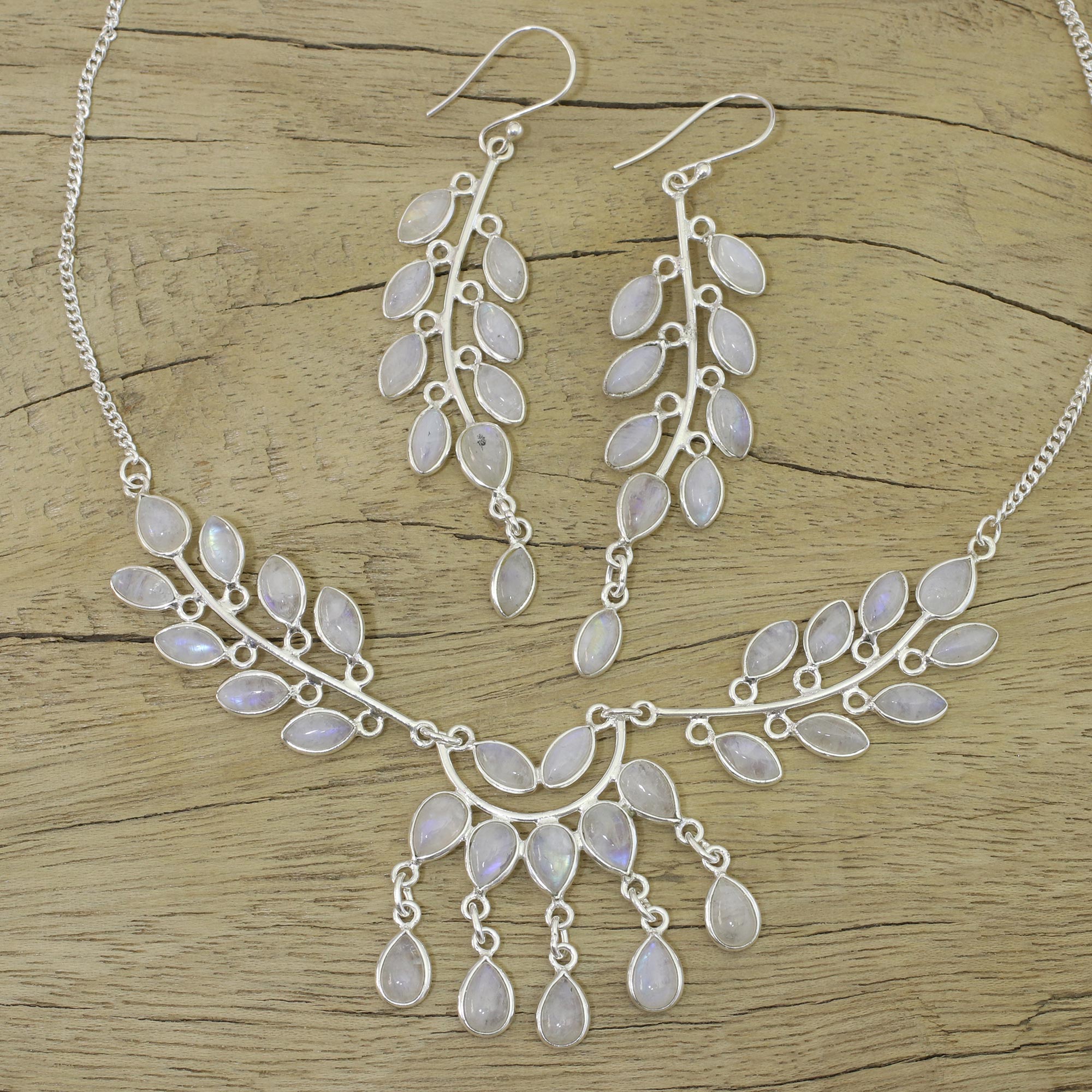 Premium Falling Leaves Rainbow Moonstone Jewelry Set - Sterling Silver Elegance