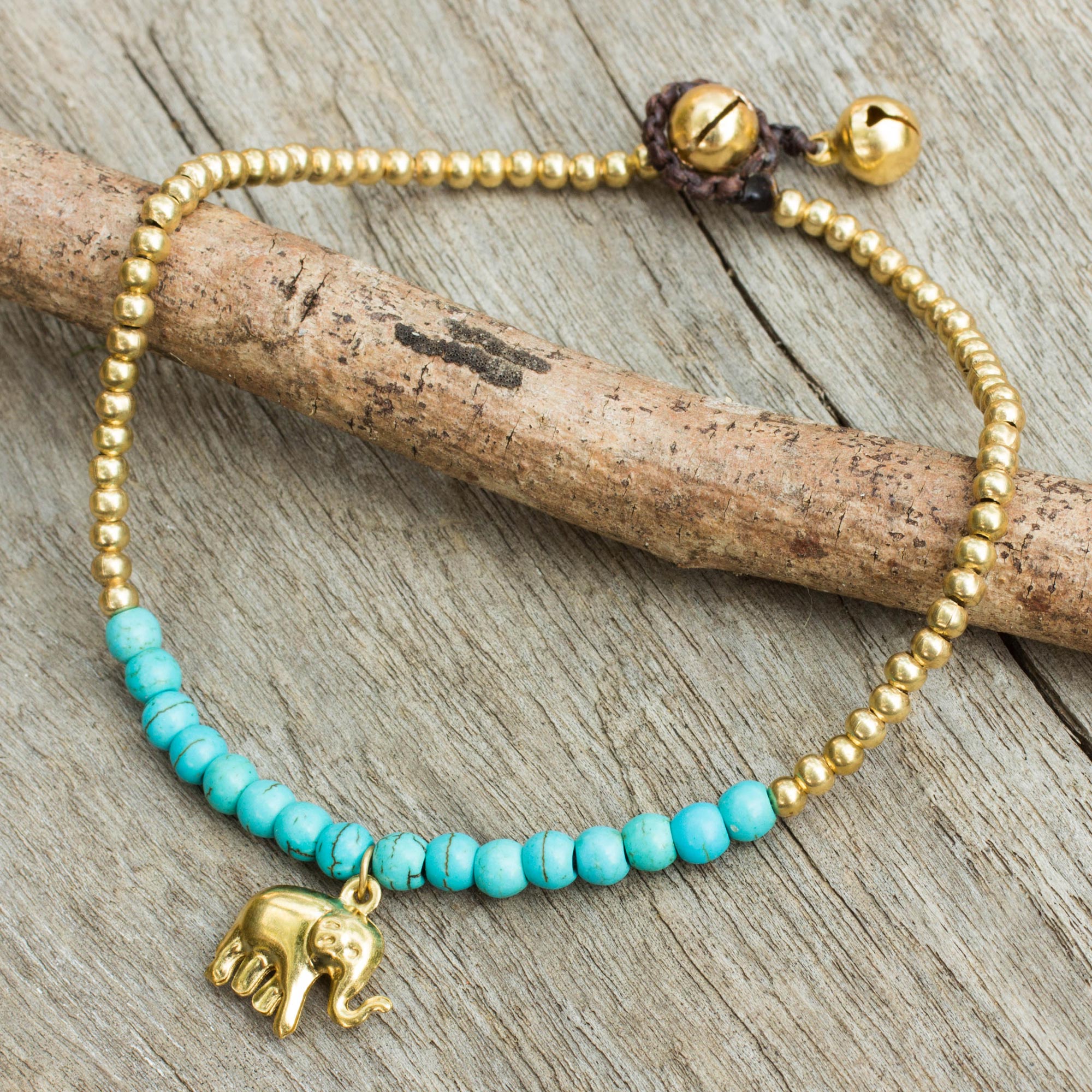 Premium Blue Calcite Elephant Charm Anklet - Stylish Brass Beaded Jewelry