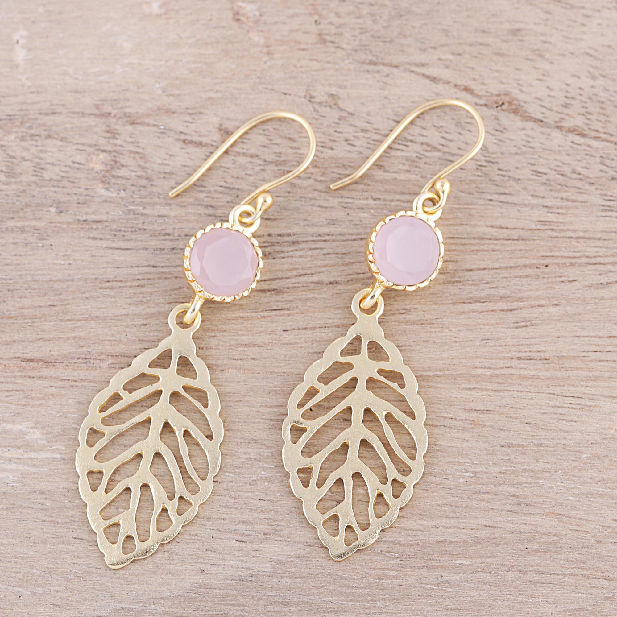 Premium Jaipur Gold Plated Rose Quartz Leaf Dangle Earrings