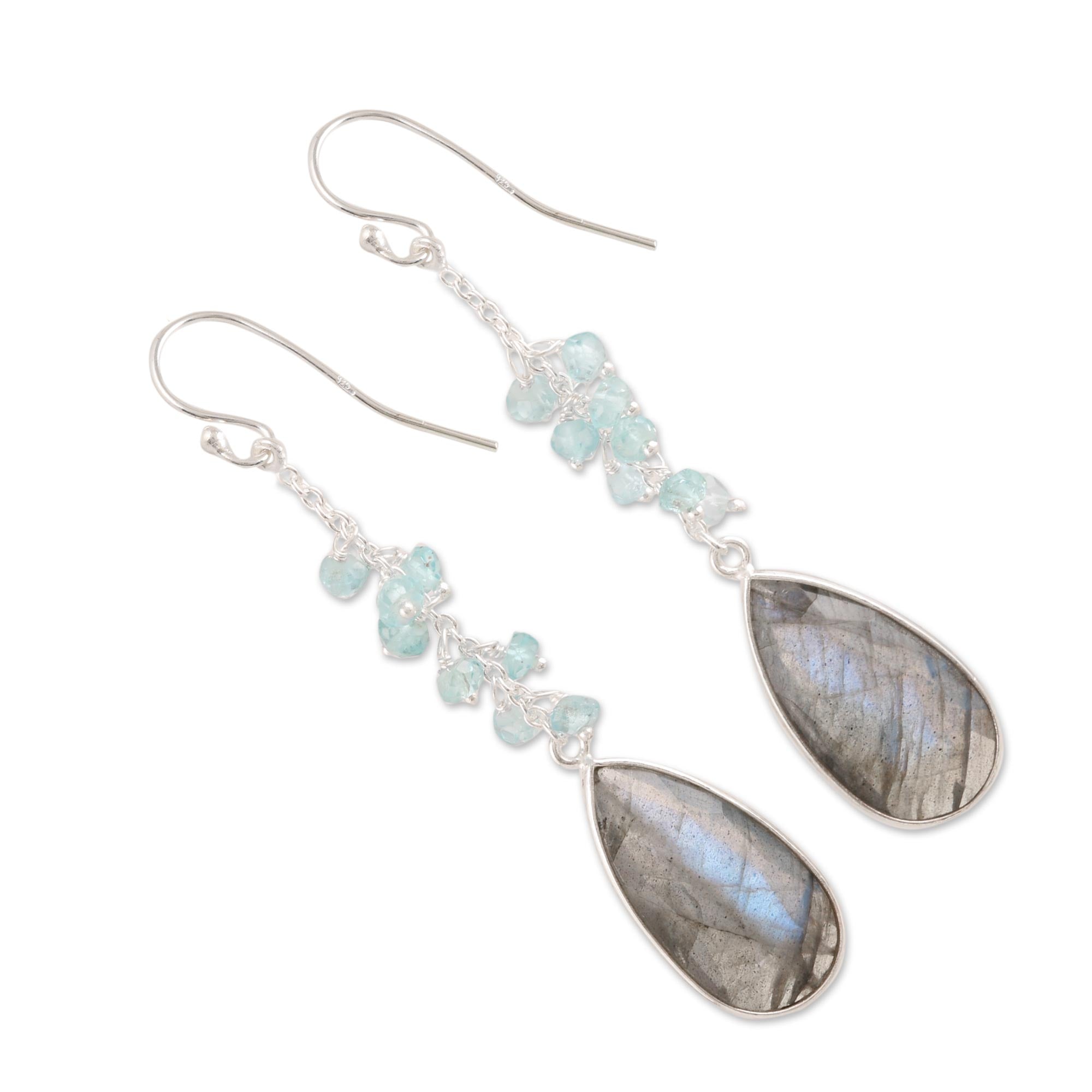 Premium Late Sky 12-Carat Labradorite & Blue Topaz Dangle Earrings