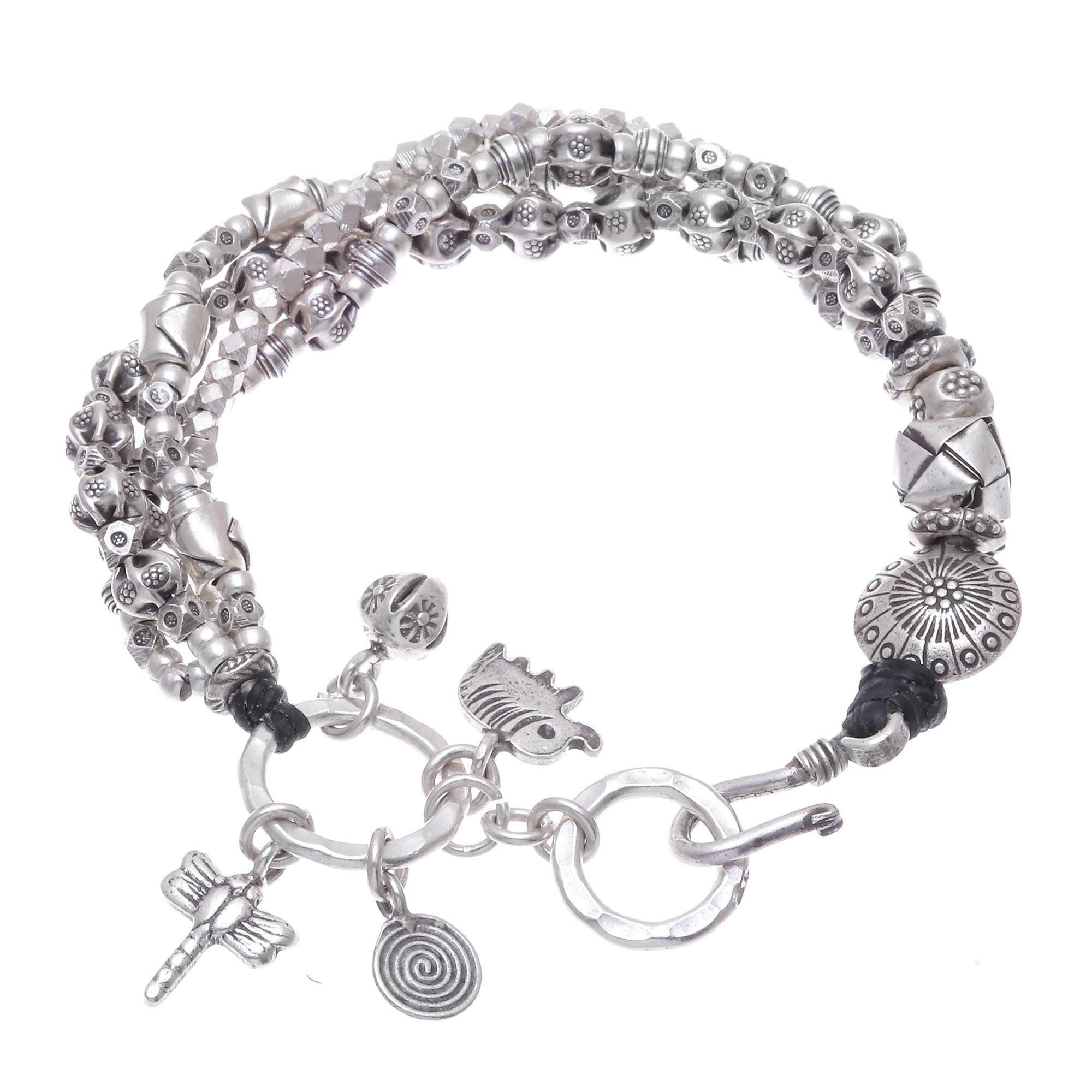 Premium Karen Hill Tribe 950 Silver Beaded Bracelet - Elephant & Dragonfly Charms