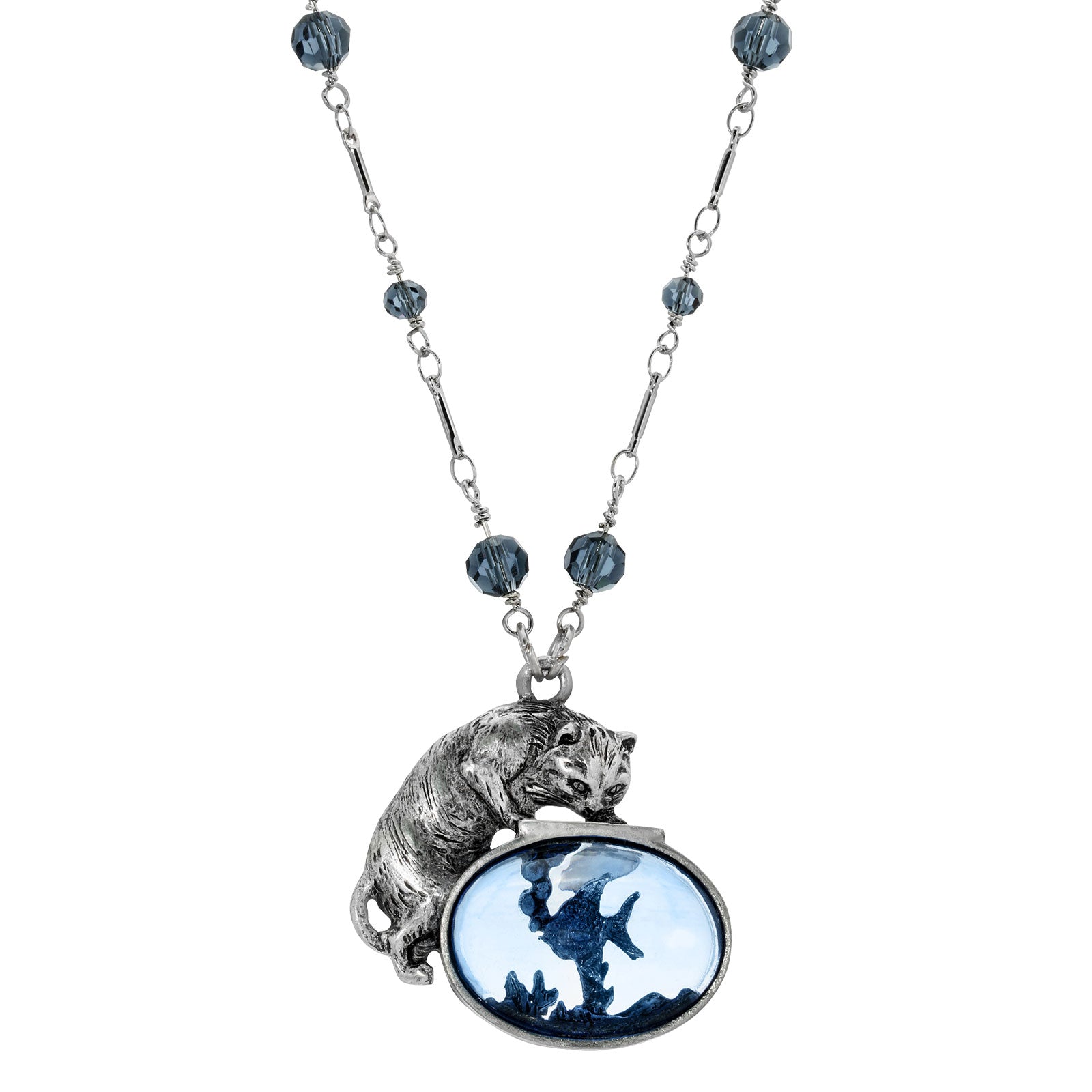 Premium 1928 Jewelry® Pewter Silver Montana Blue Beaded Cat and Fish Necklace - 30 Inches