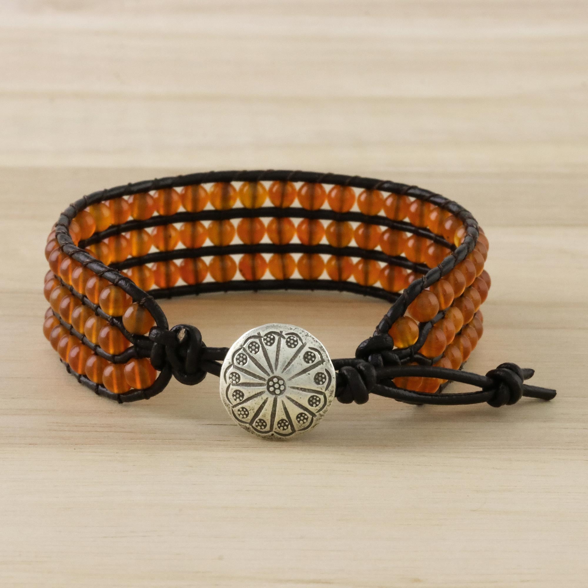 Premium Carnelian Bead & Karen Silver Button Adjustable Leather Bracelet