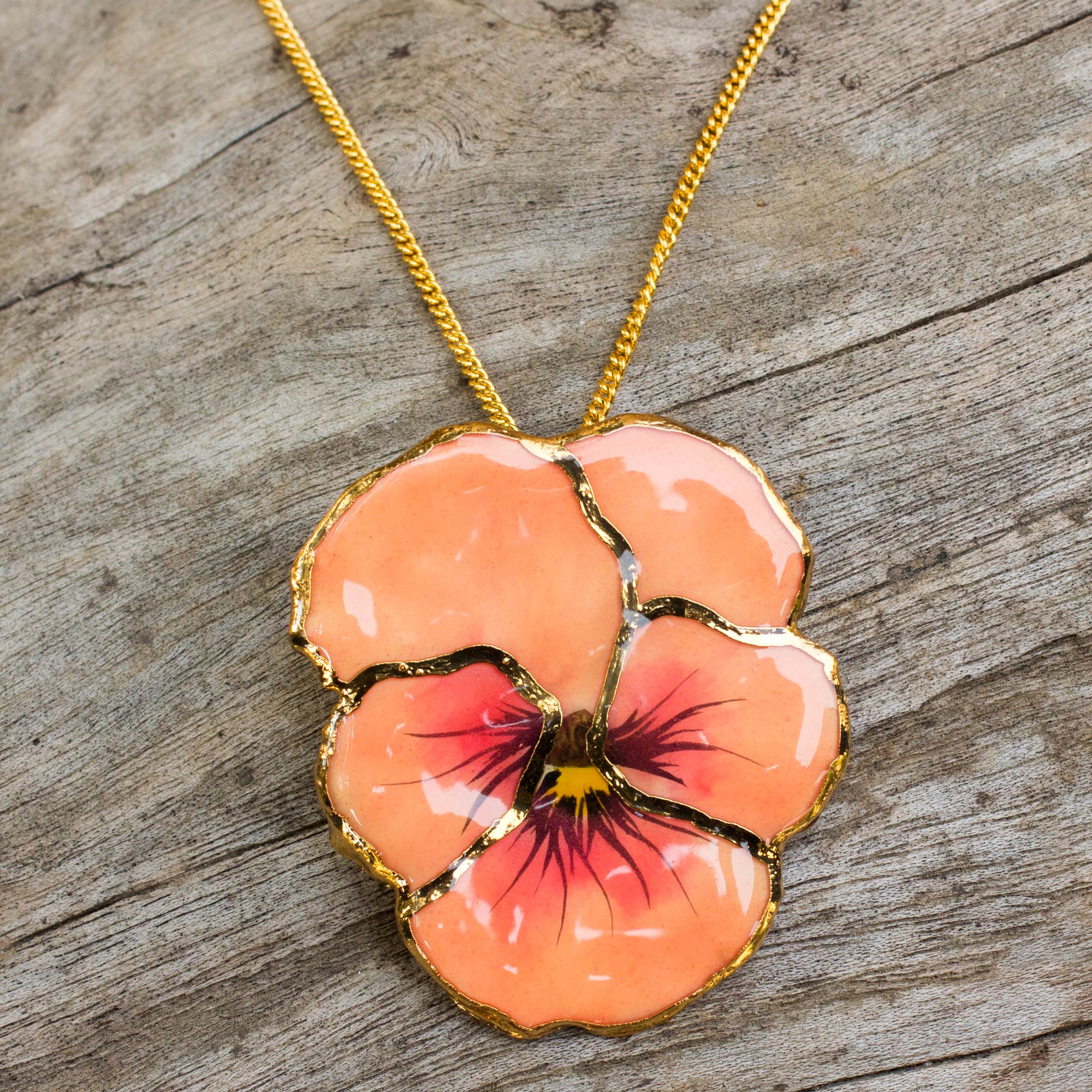 Premium Peach Pansy Natural Flower Pendant Necklace – Handcrafted in Thailand