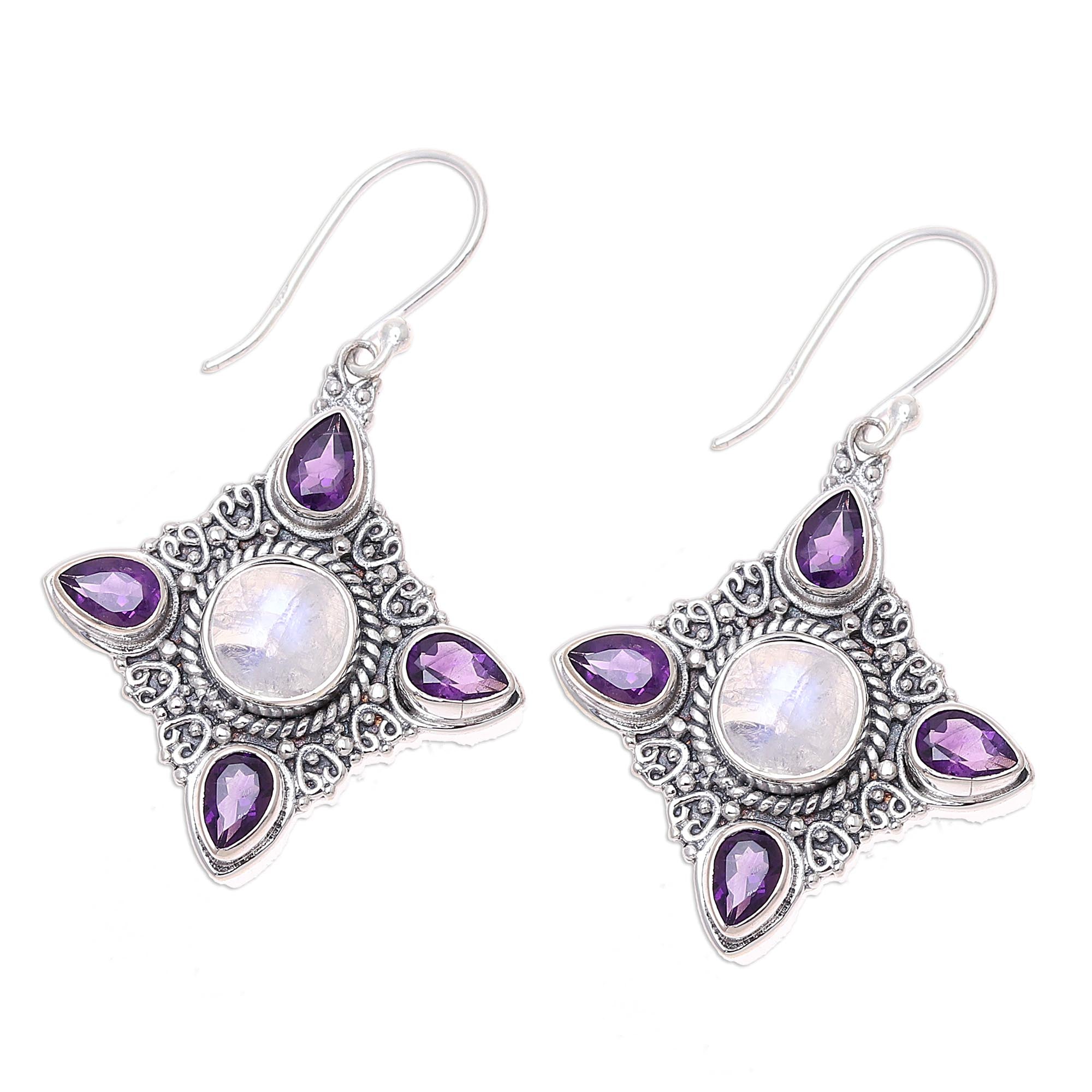 Premium Eternal Delight Rainbow Moonstone & Amethyst Sterling Silver Dangle Earrings