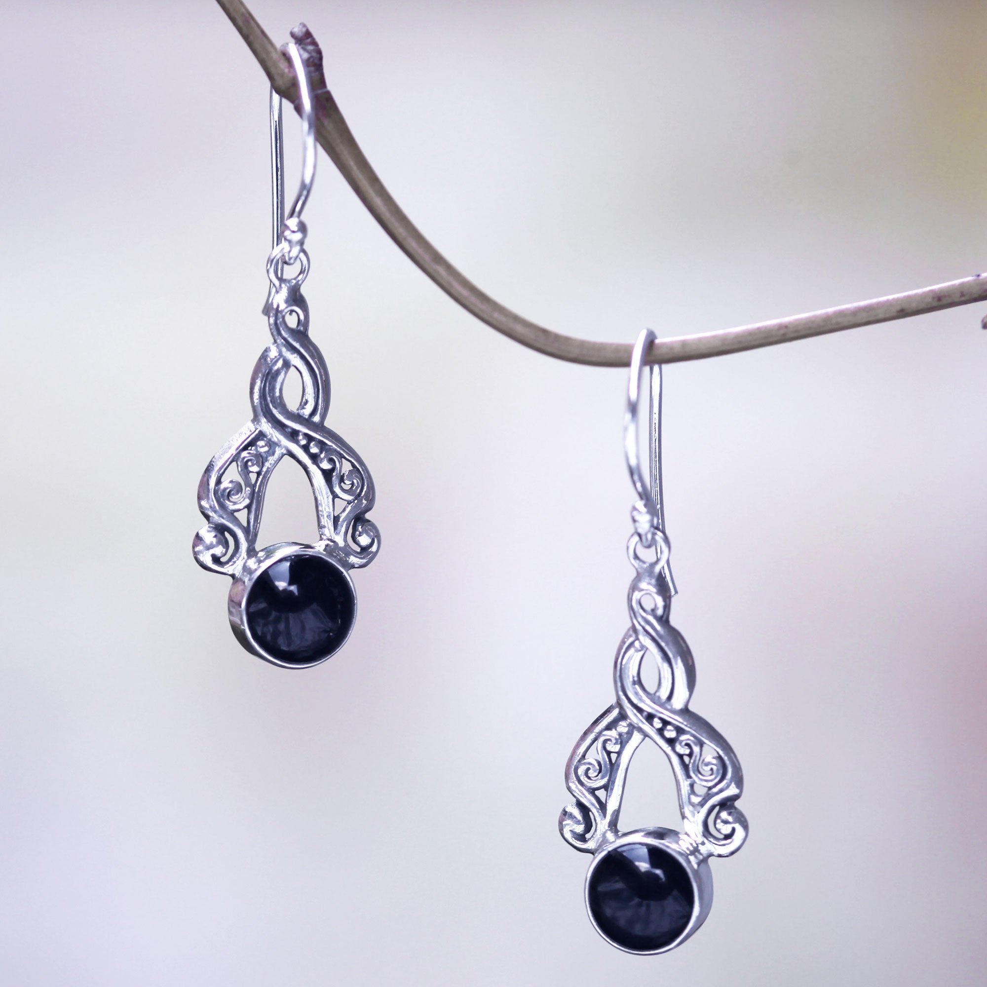 Premium Midnight Embrace Silver Onyx Dangle Earrings - Handcrafted in Bali