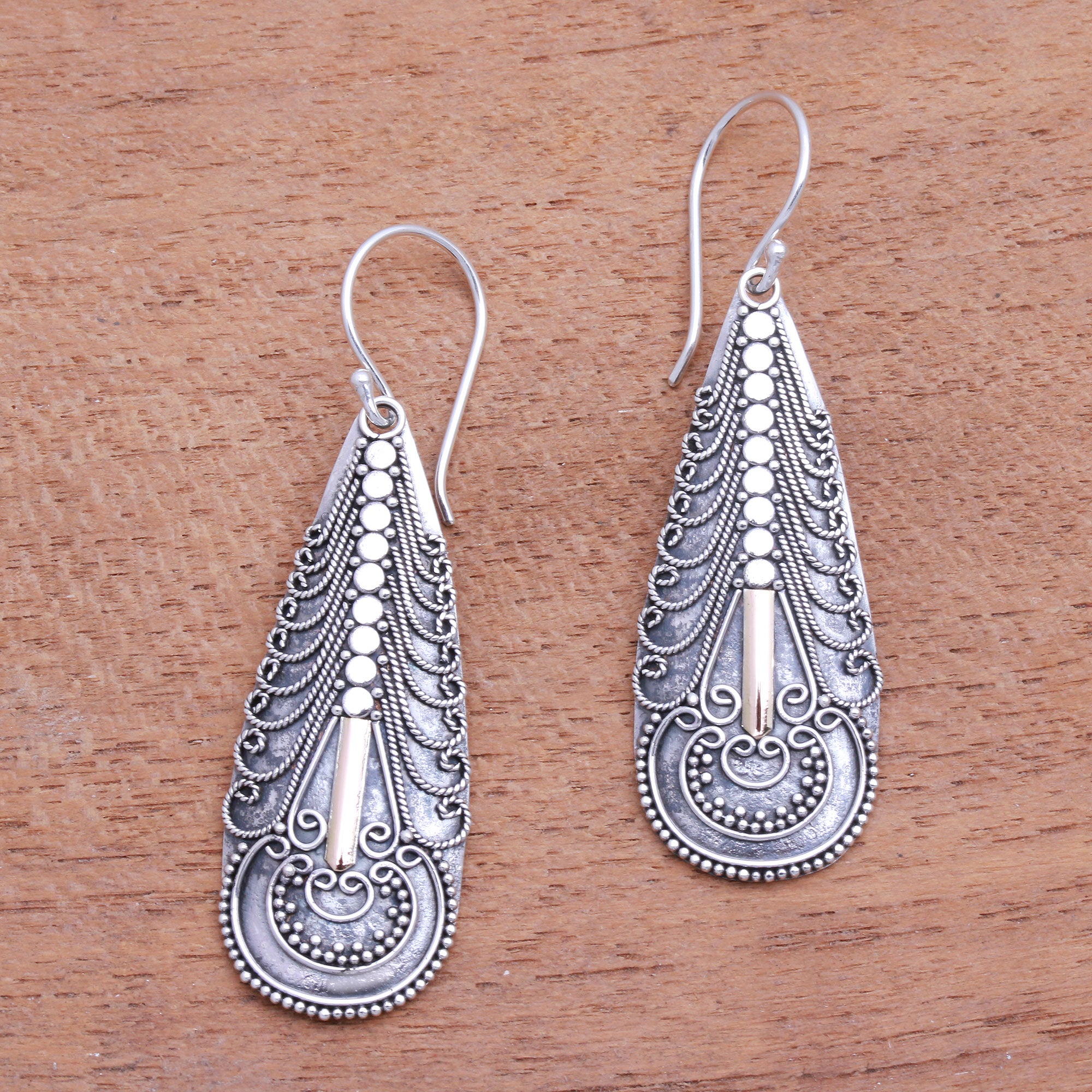 Premium Balinese Artisan Sterling Silver Dangle Earrings with 18K Gold Accents