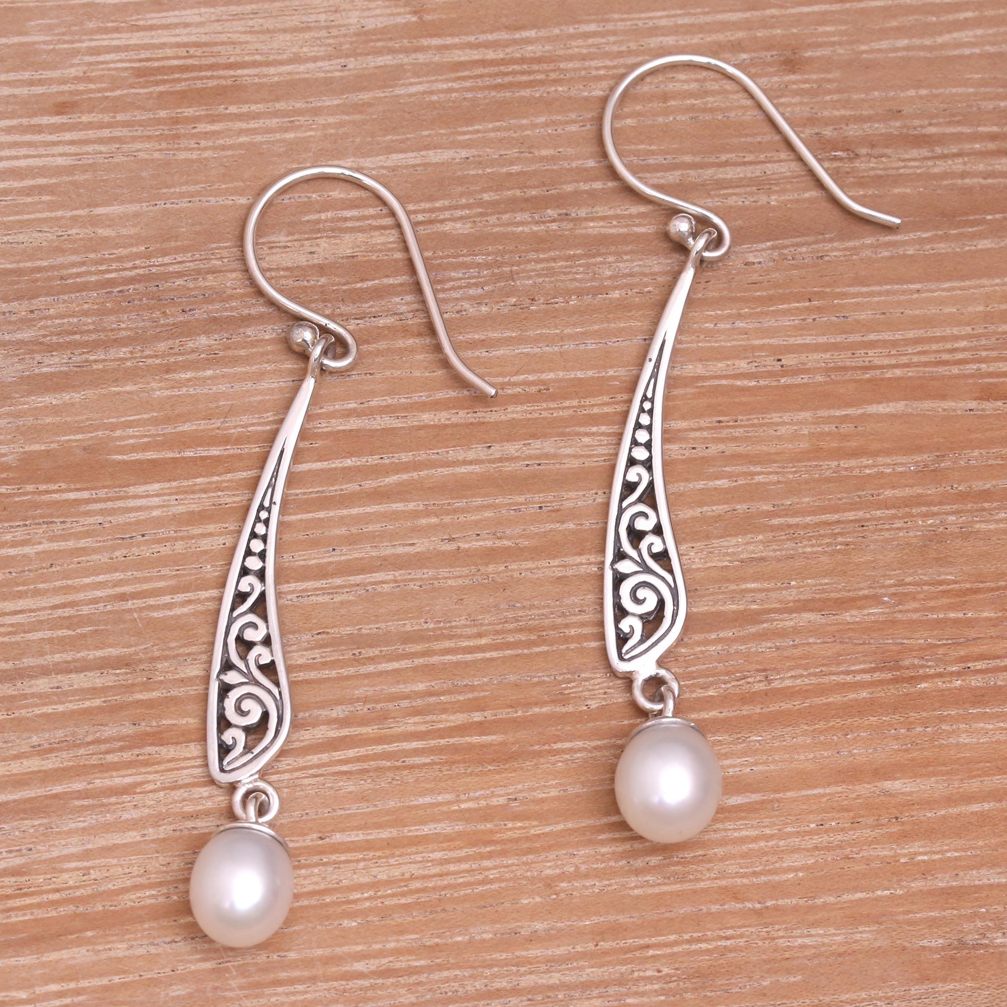 Premium Vine Motif Cultured Pearl Dangle Earrings - Handcrafted in Indonesia