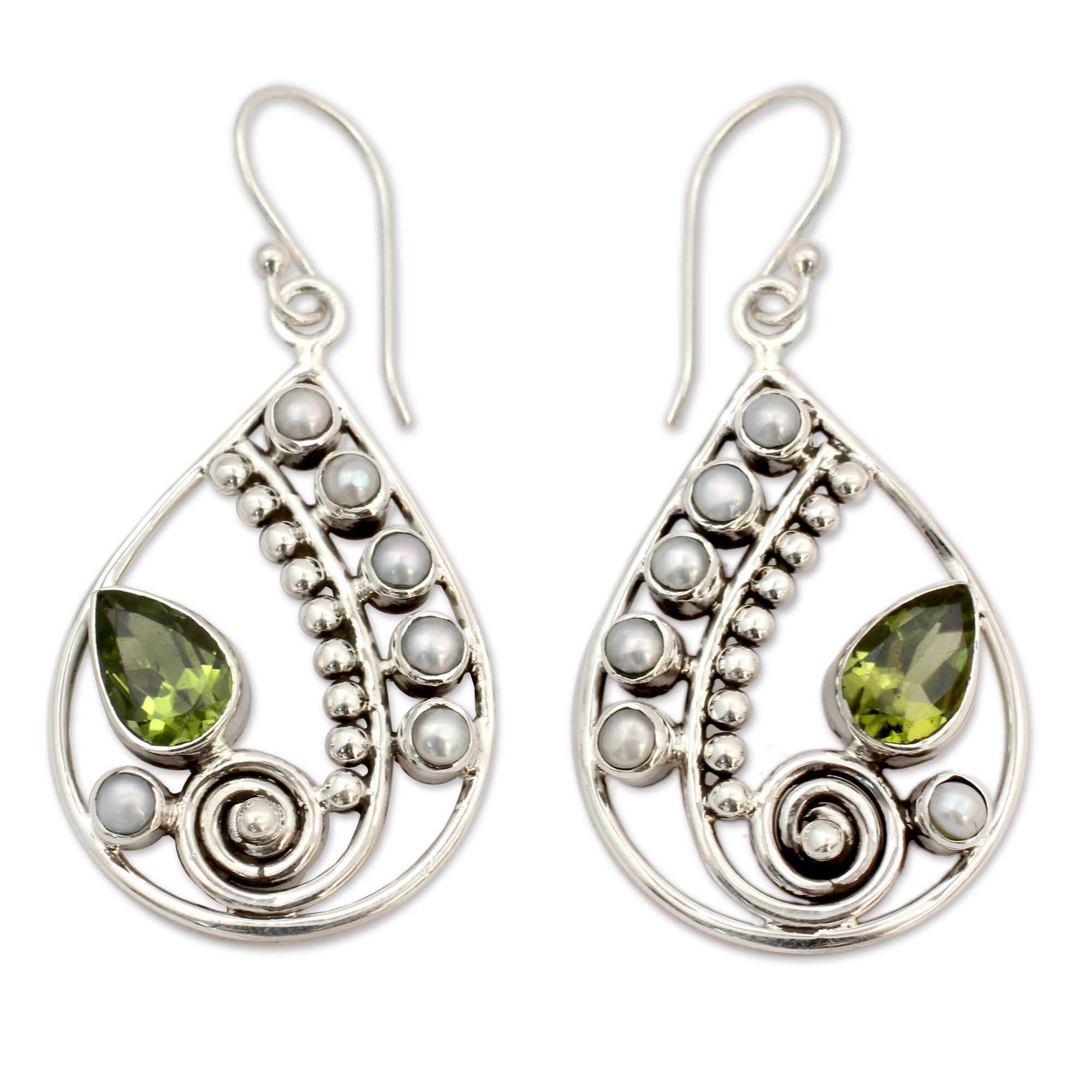 Premium Paisley Pearl & Peridot Earrings - Sterling Silver Jewelry