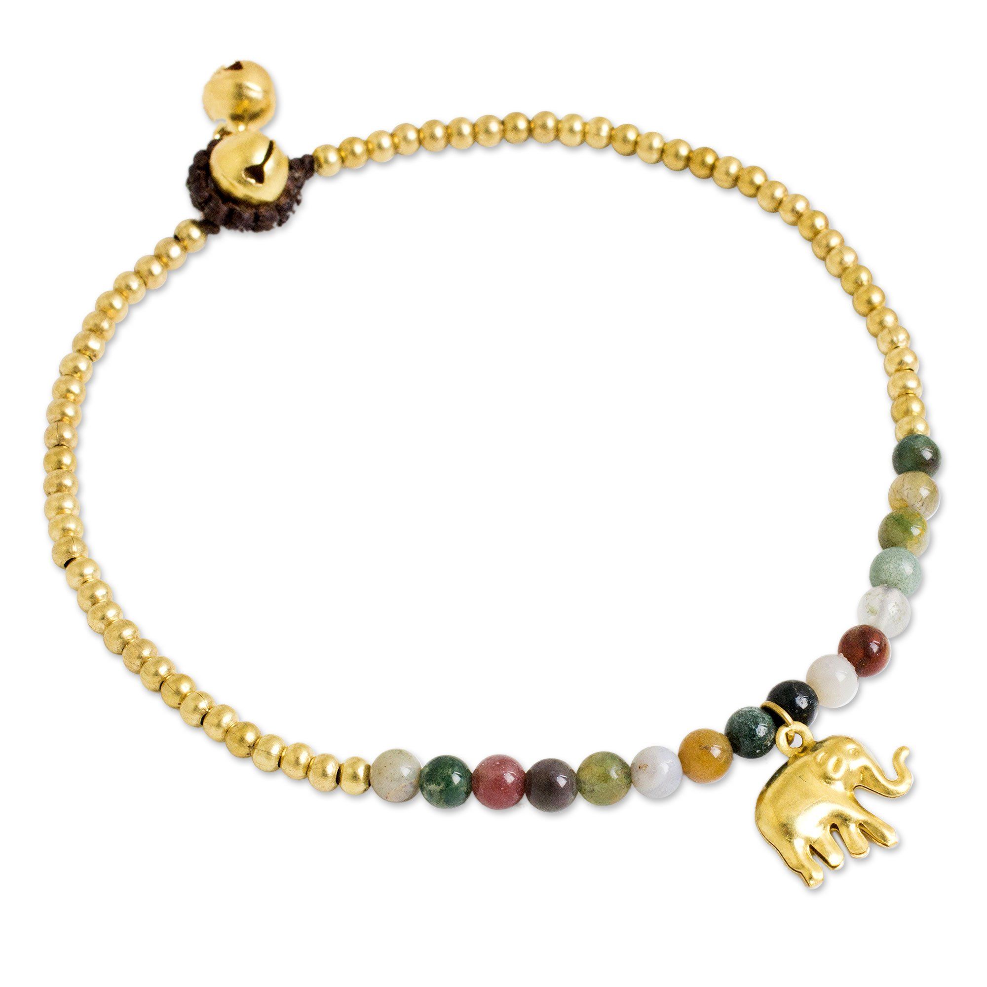 Premium Elephant Agate Brass Beaded Anklet - Handmade & Adjustable