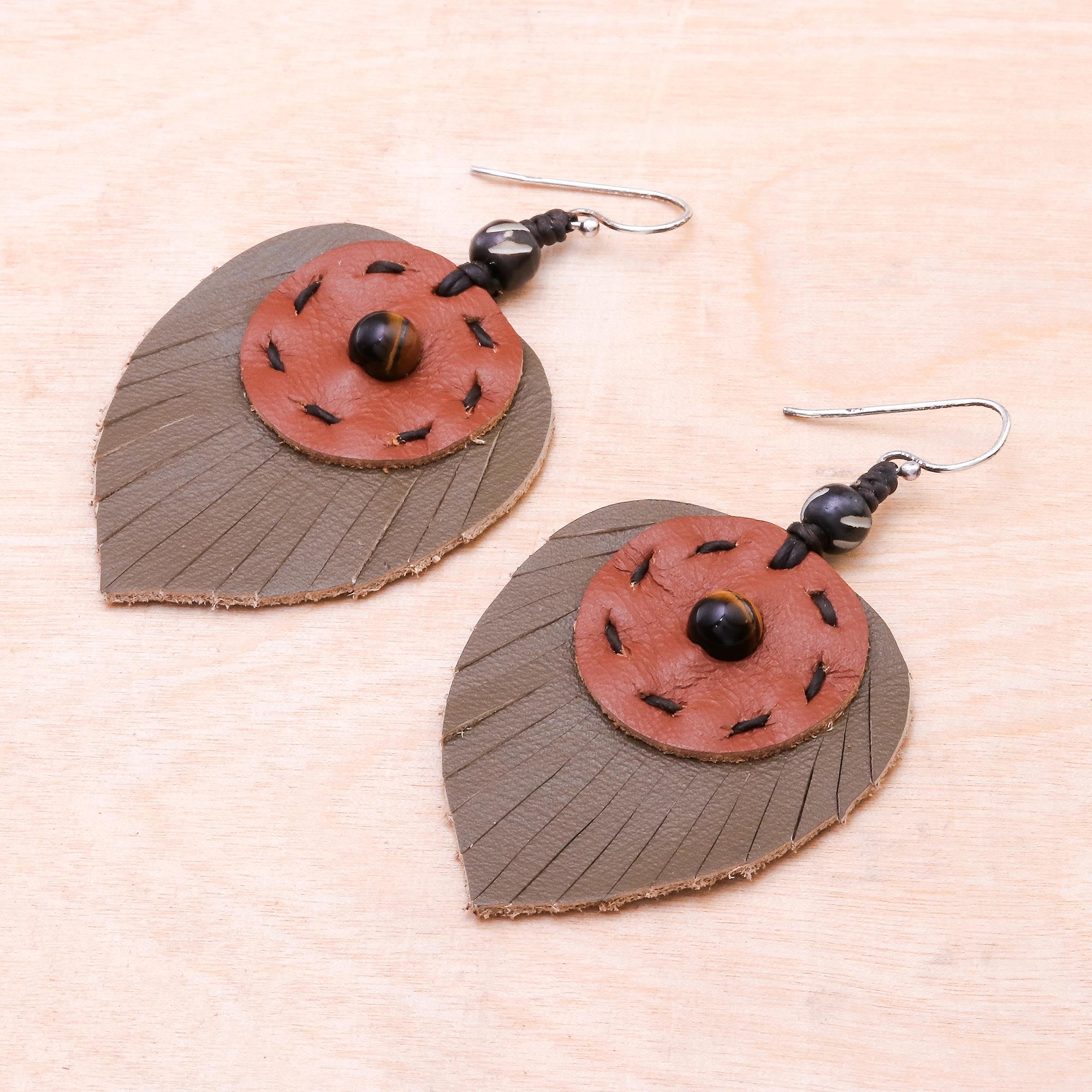 Premium Aurora Leaves Handcrafted Tiger's Eye & Leather Dangle Earrings