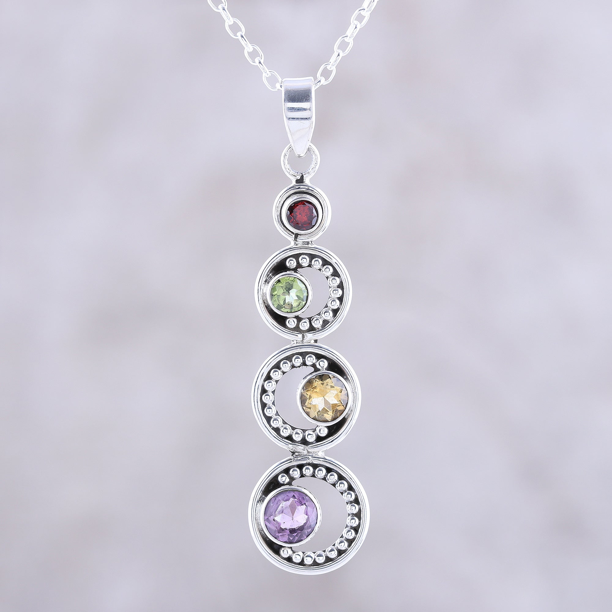 Premium Multi-Gemstone Crescent Pendant Necklace - Handcrafted Sterling Silver Jewelry from India