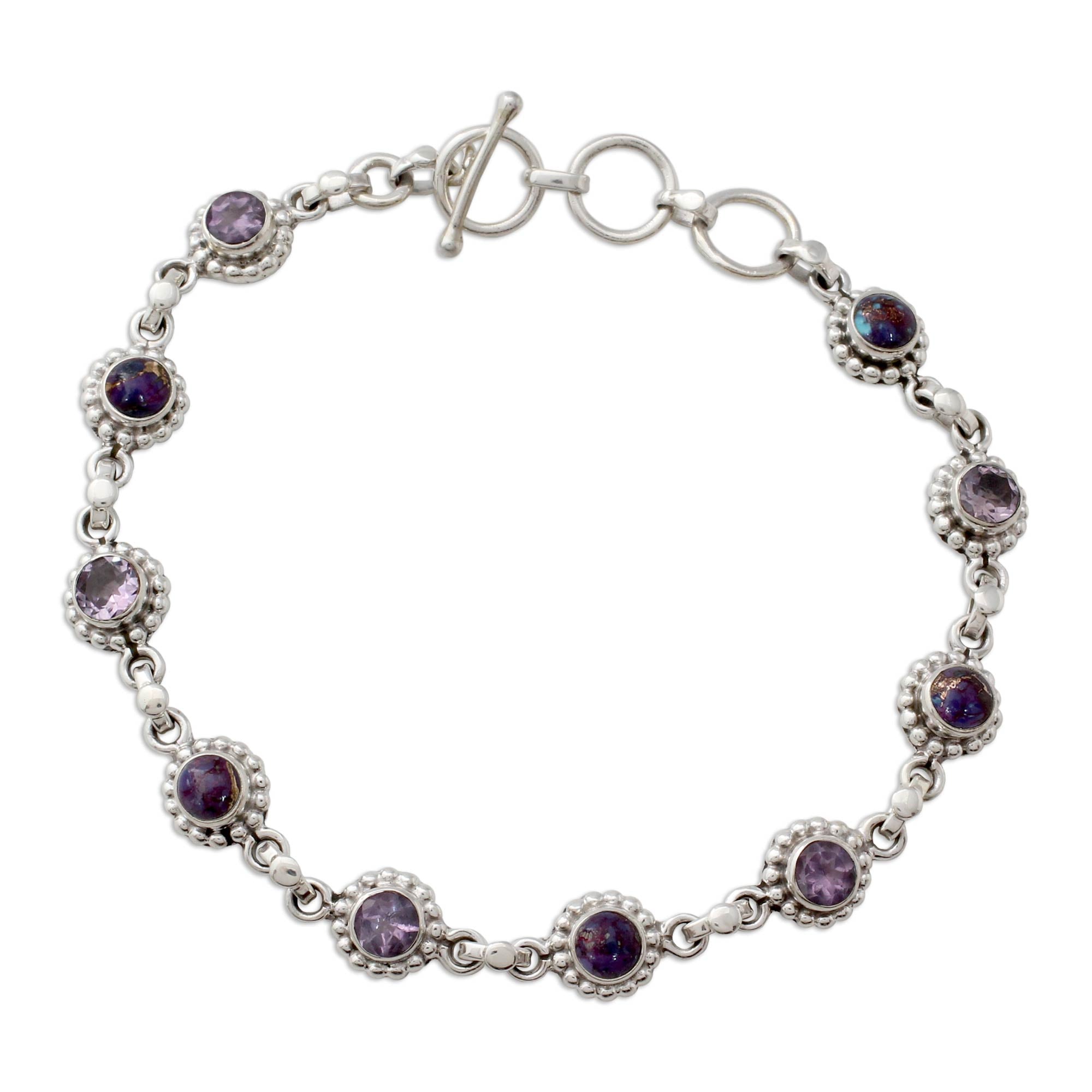 Premium Petite Floral Amethyst & Turquoise Sterling Silver Bracelet