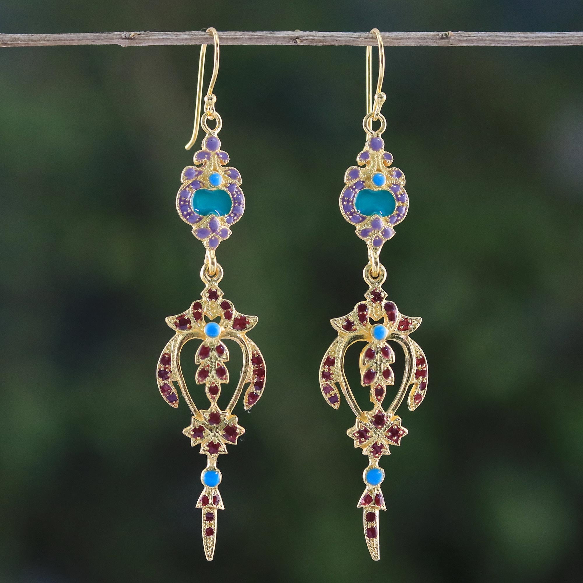 Premium Thai Succulence Gold Plated Brass Earrings - Vibrant Purple & Red Elegance