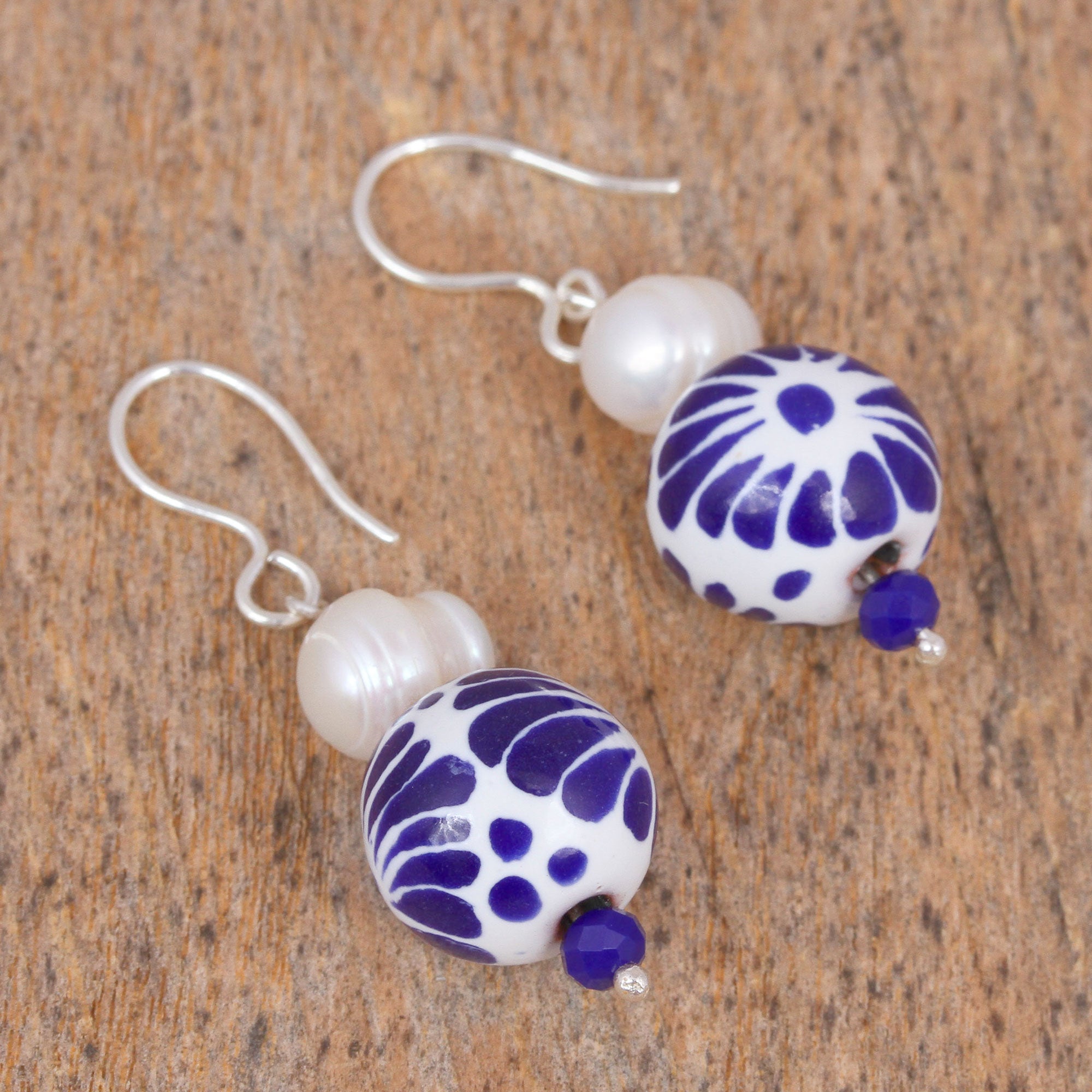 Premium Indigo Bloom Pearl & Ceramic Dangle Earrings – Handcrafted Mexican Artistry