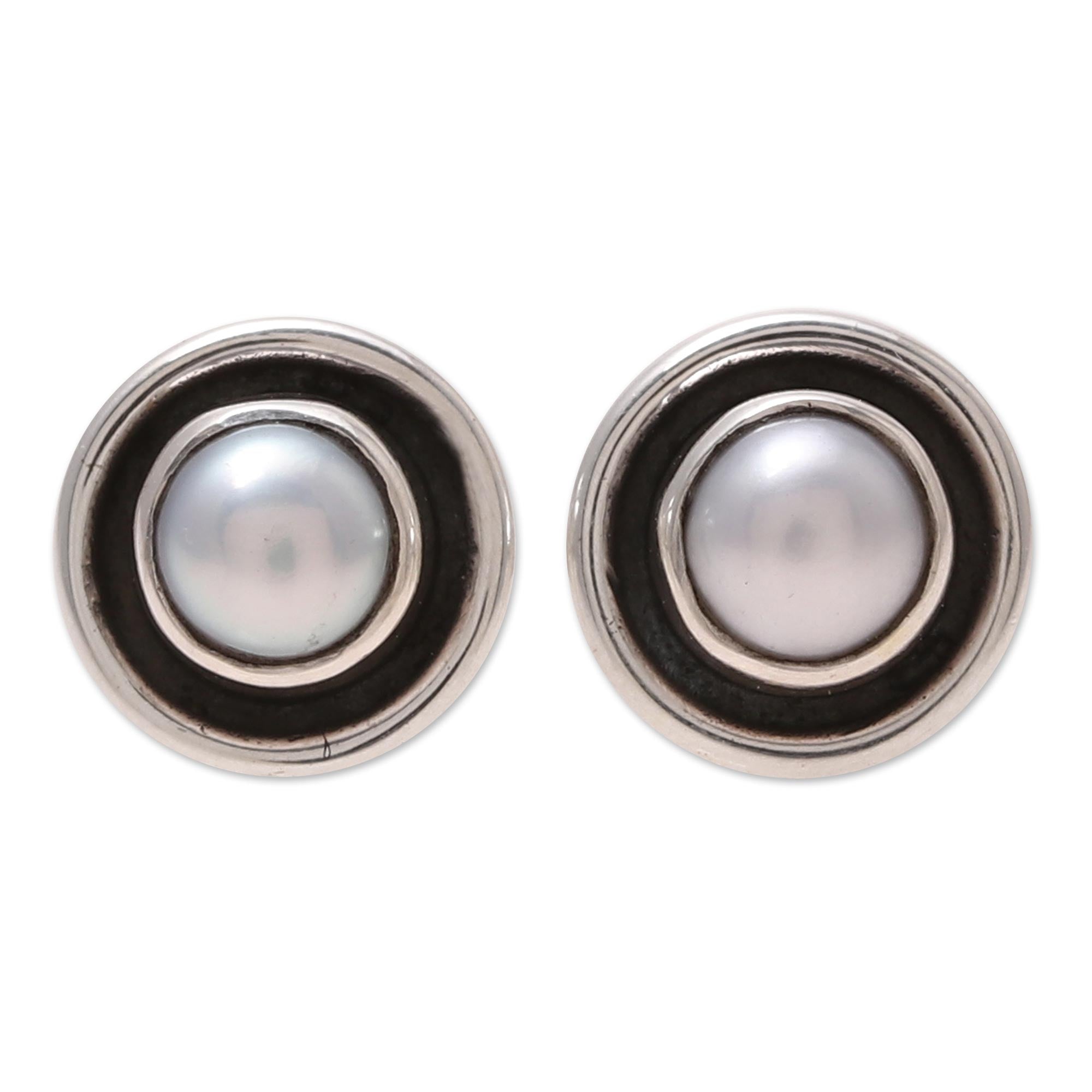 Premium Circular Cultured Pearl Stud Earrings - Sterling Silver Frames