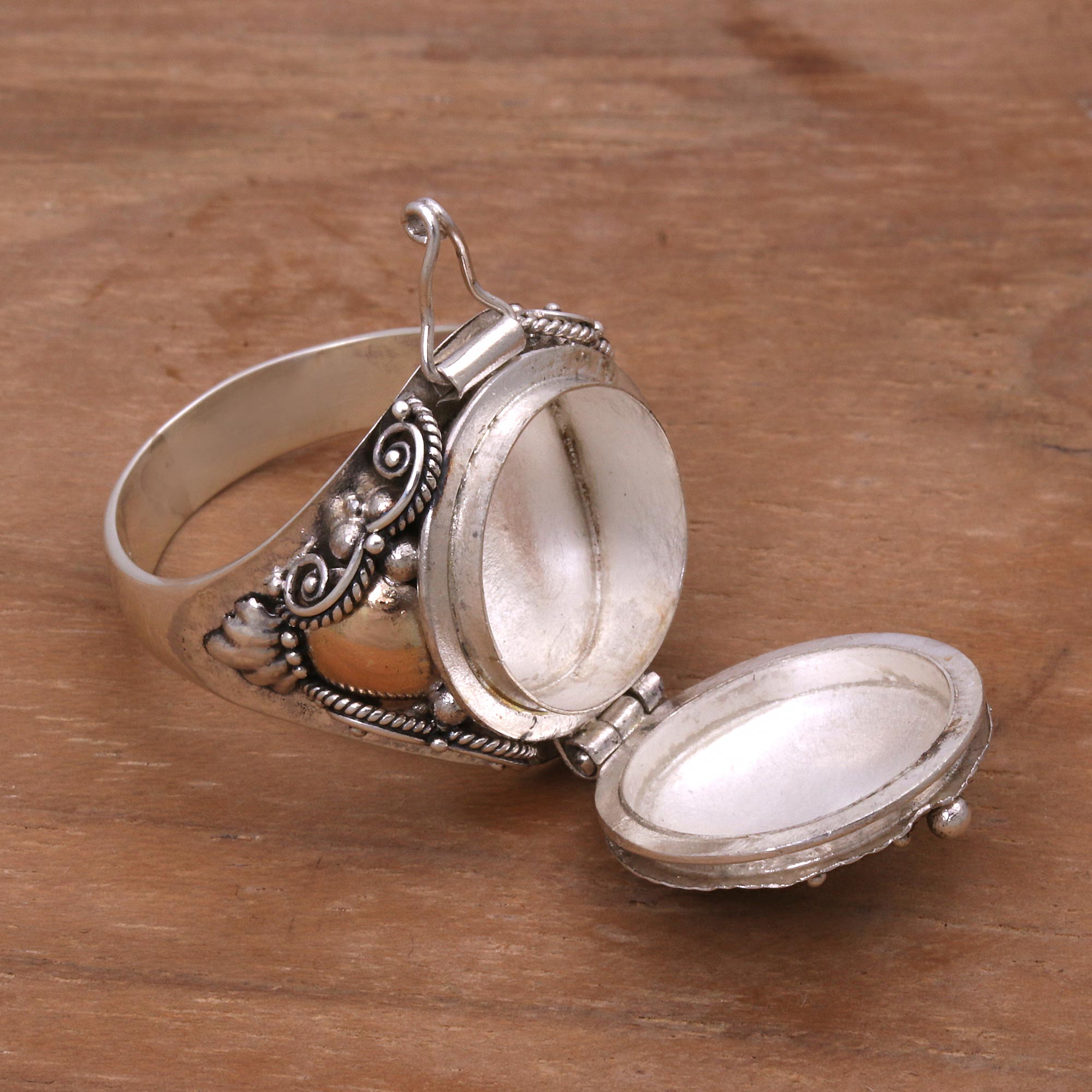 Premium Shining Secrets Sterling Silver & Gold Locket Ring - Handcrafted in Indonesia