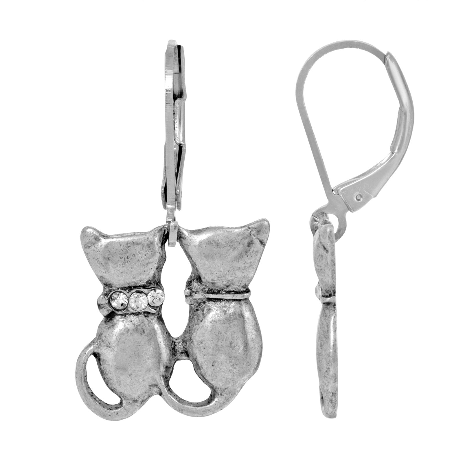 Premium Silver Tone Crystal Double Cat Wire Earrings - Handmade in USA