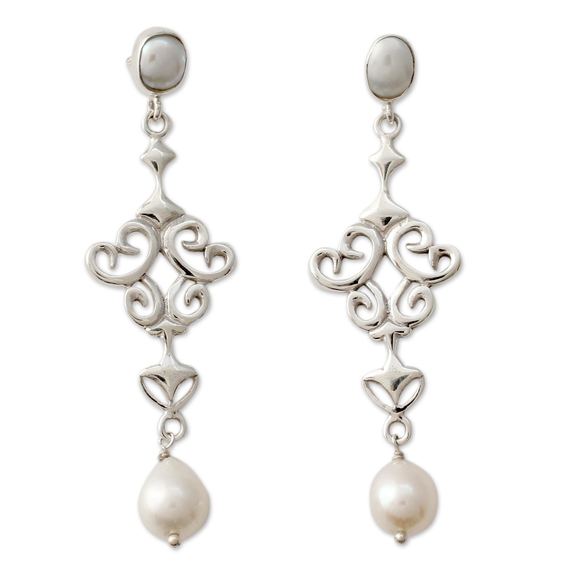 Premium Ode to Fantasy Shiny Sterling Silver Earrings with White Pearls - Ultimate Elegance