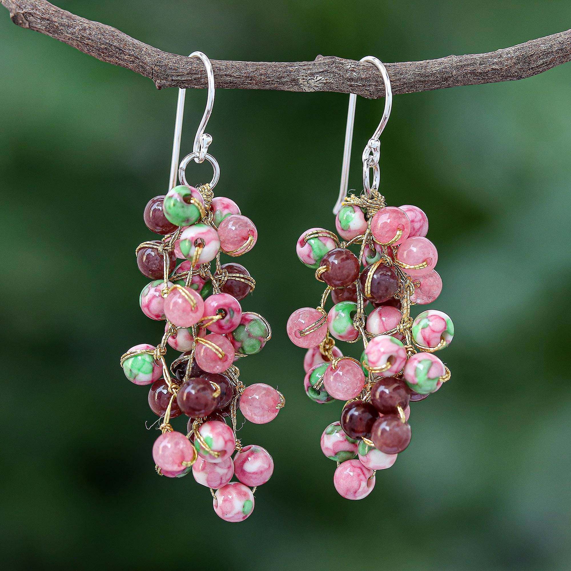 Premium Dionysus Pink Agate & Quartz Dangle Earrings – Handcrafted Elegance