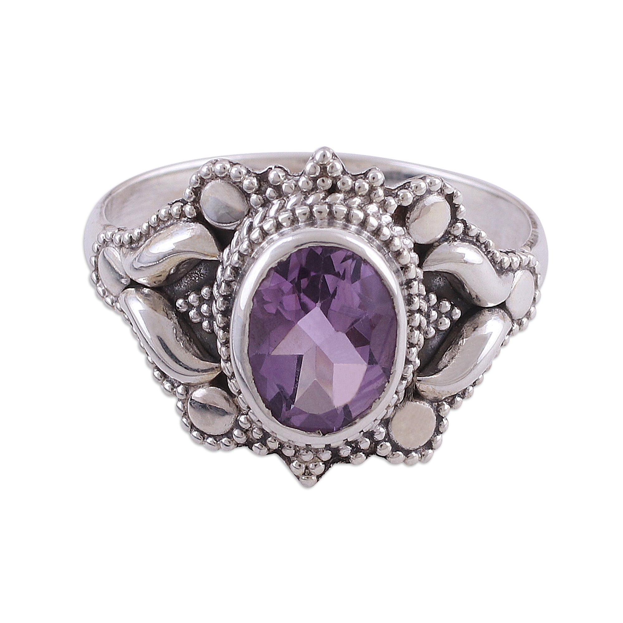 Premium Ethereal Tendrils Oval Amethyst Sterling Silver Cocktail Ring - Handcrafted in India