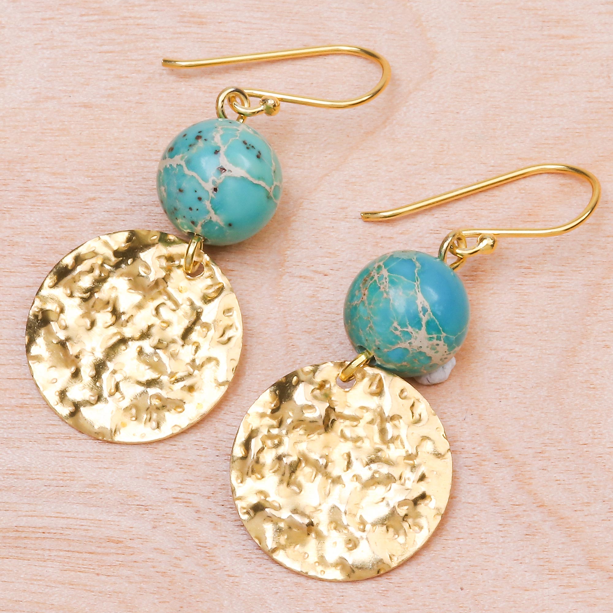 Premium Turquoise & Brass Coin Dangle Earrings - Gold-Plated Elegance