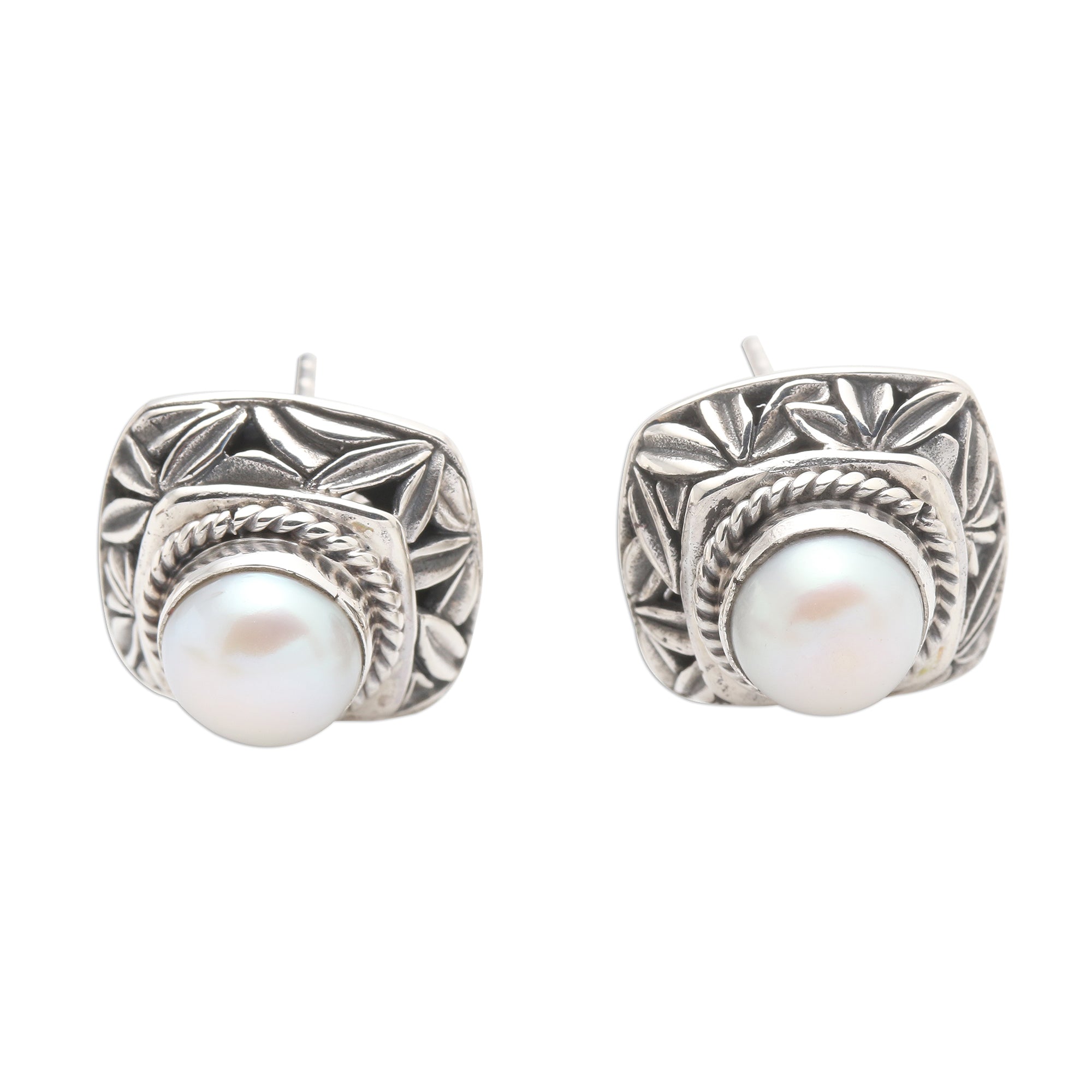 Premium Bamboo Leaf Sterling Silver & Pearl Button Earrings